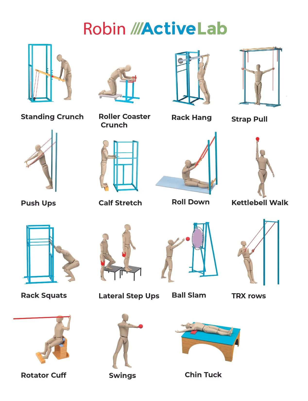 A sample custom workout program with multiple images of all exercises being performed in order by a human figure on unique exercise equipment at ActiveLab in Vancouver, WA