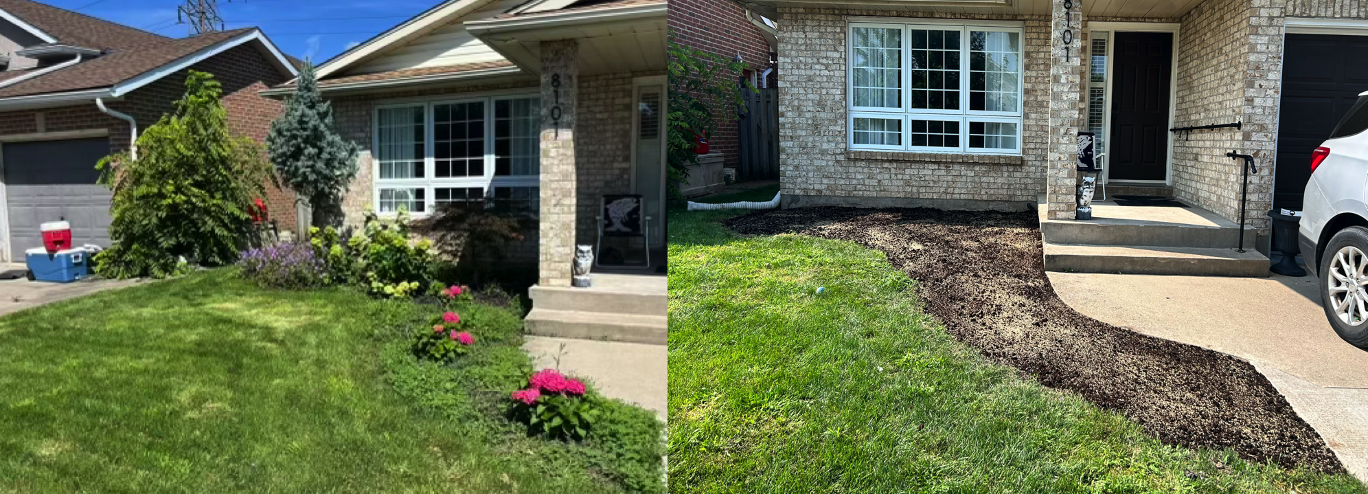 Comparison of front yard landscaping: left side shows the yard with plants, flowers, and trees; right side shows the yard with freshly laid soil and grass seed.