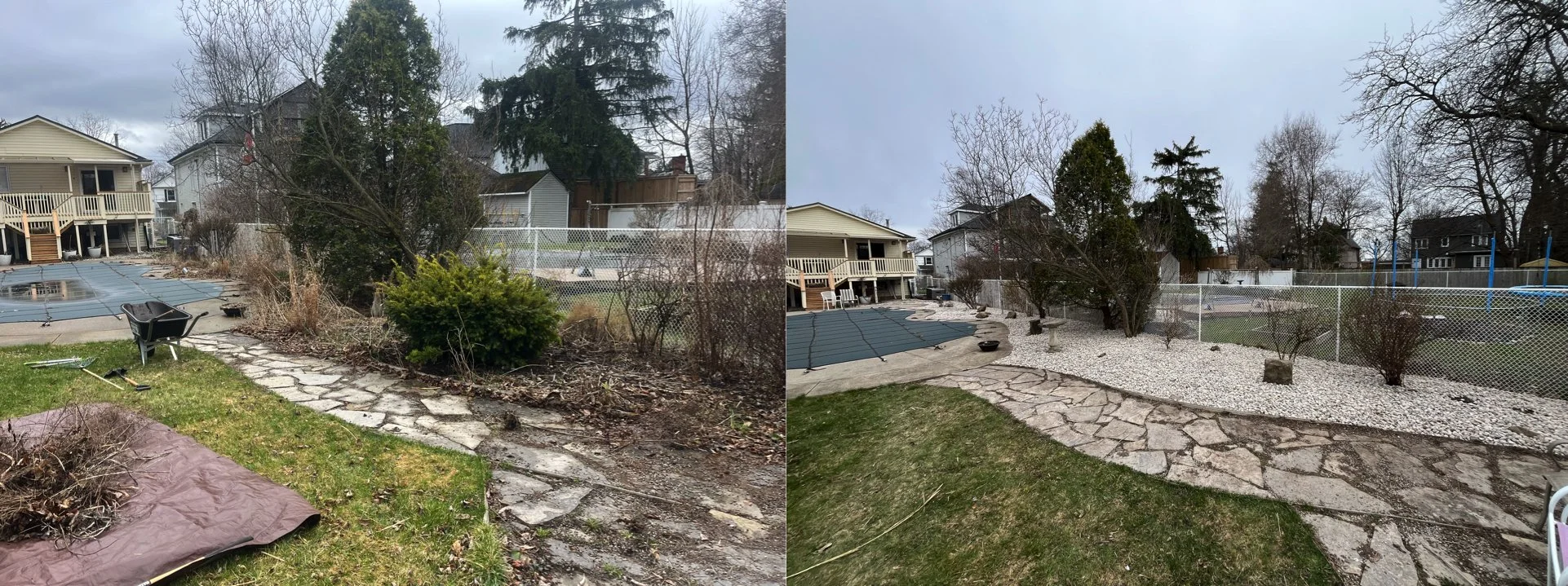 Comparison of a backyard before and after landscaping and cleaning, showing the removal of debris, mulching, and stone pathways.