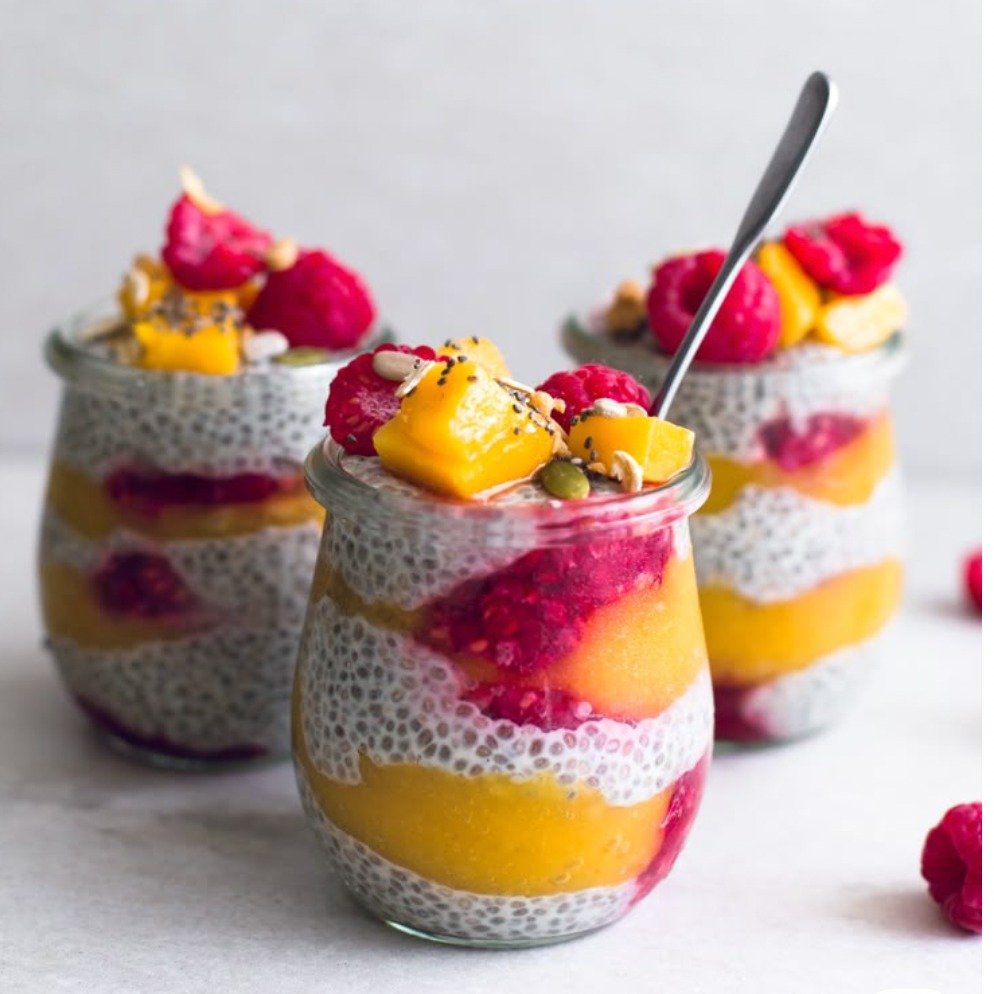 Food is fuel! Make sure you are eating to nourish your body, and while you're at it make it fun and yummy! 

I love this Mango and Raspberries chai pudding! It has all the right elements to help build muscle as well as giving your body essential vita
