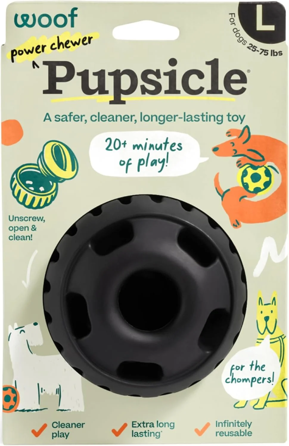 Dog toy with black hollow center and ribbed outer edge, packaged for dogs weighing 25-75 lbs, labeled as 'Pupsicle' with seal of 20+ minutes of play, featuring playful illustrations of dogs and text highlighting features like easy to clean, long-lasting, and reusable.