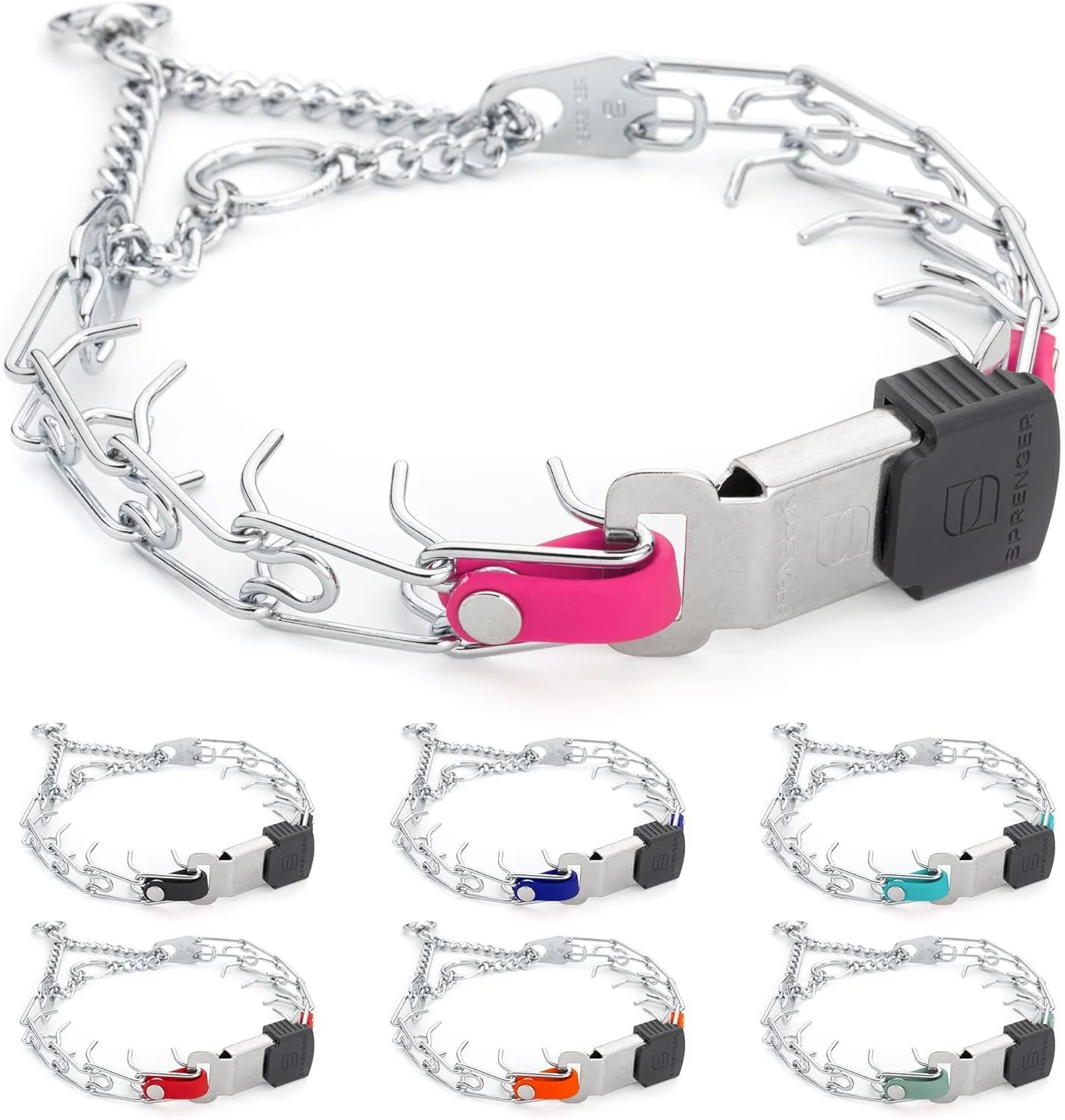 A medical alert chain with a black clasp and colored accents in pink, blue, teal, red, orange, and green.
