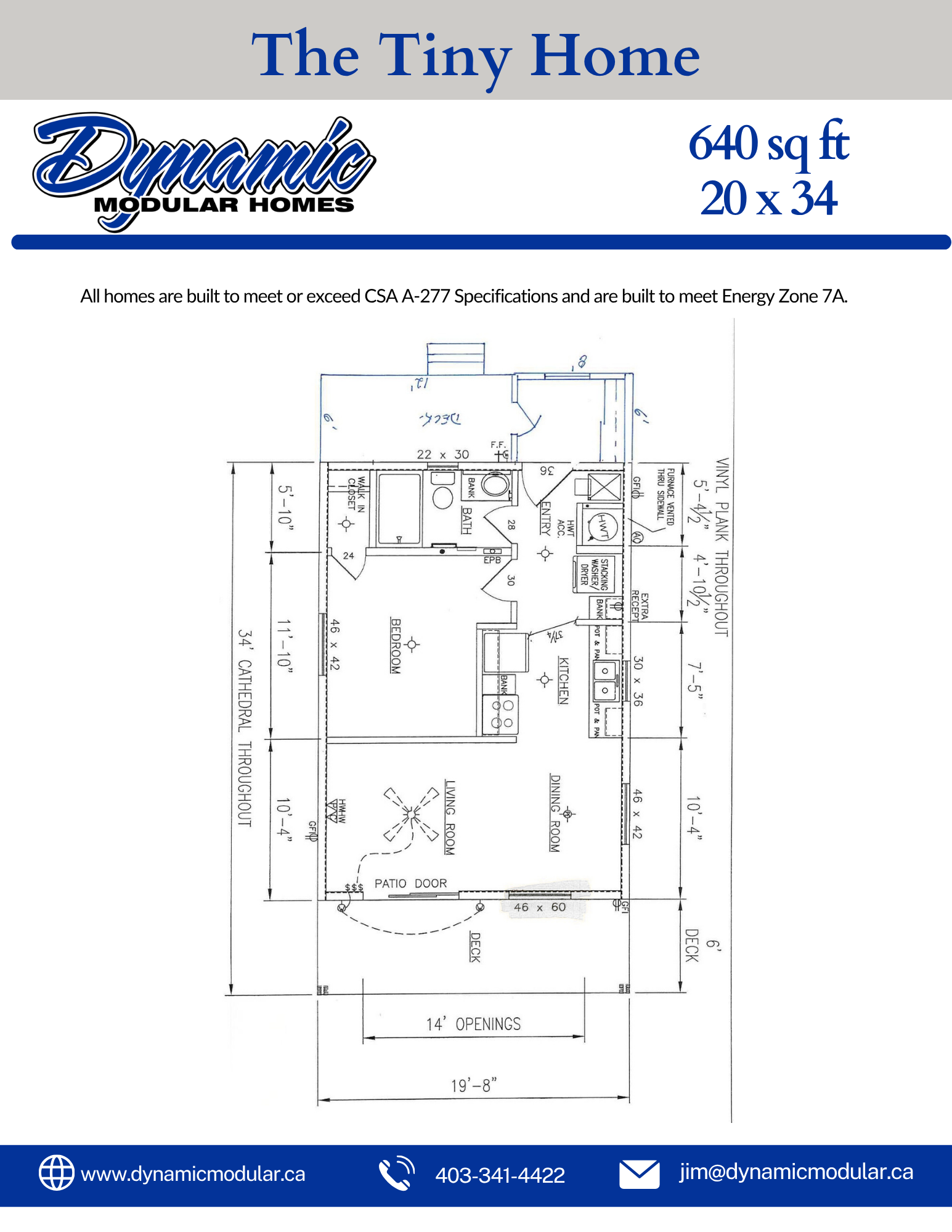 Flyer for The Tiny Home by Dynamic Modular Homes with specifications of 640 square feet, 20 by 34 feet, and a floor plan including a living room, kitchen, bedroom, bathroom, and patio door, with contact information at the bottom.