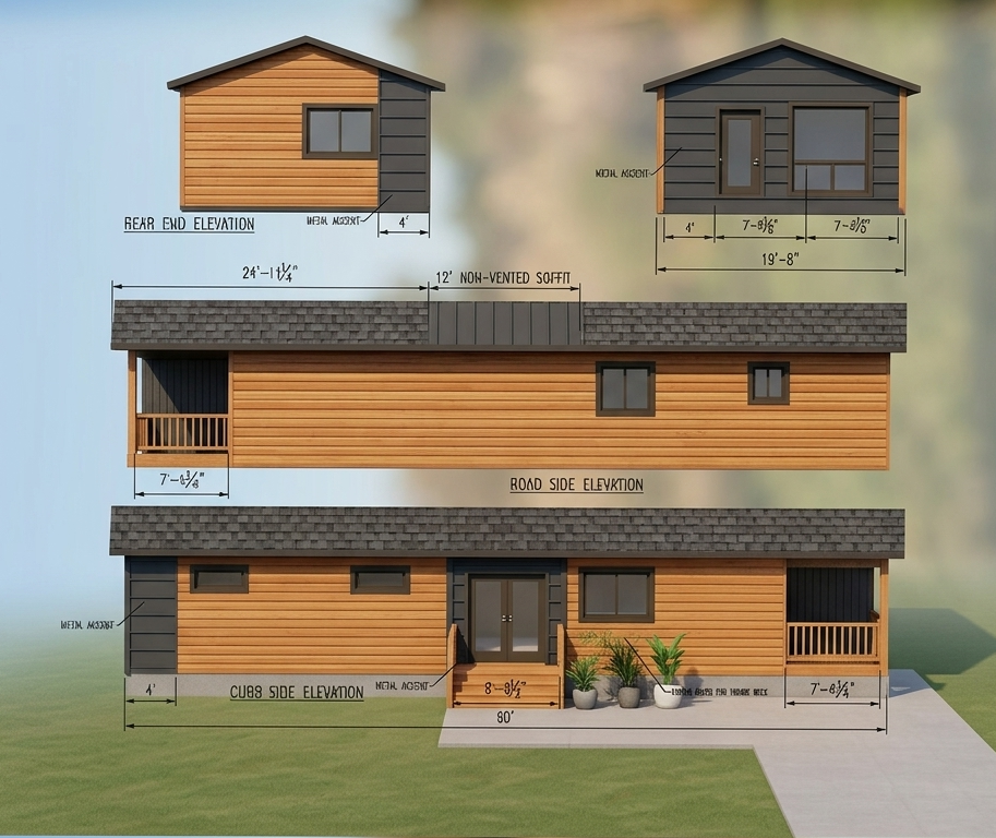 Blueprints of a two-story house with detailed dimensions and elevations, including rear, side, and roof views, along with a small plan of the front porch area with steps and plants.
