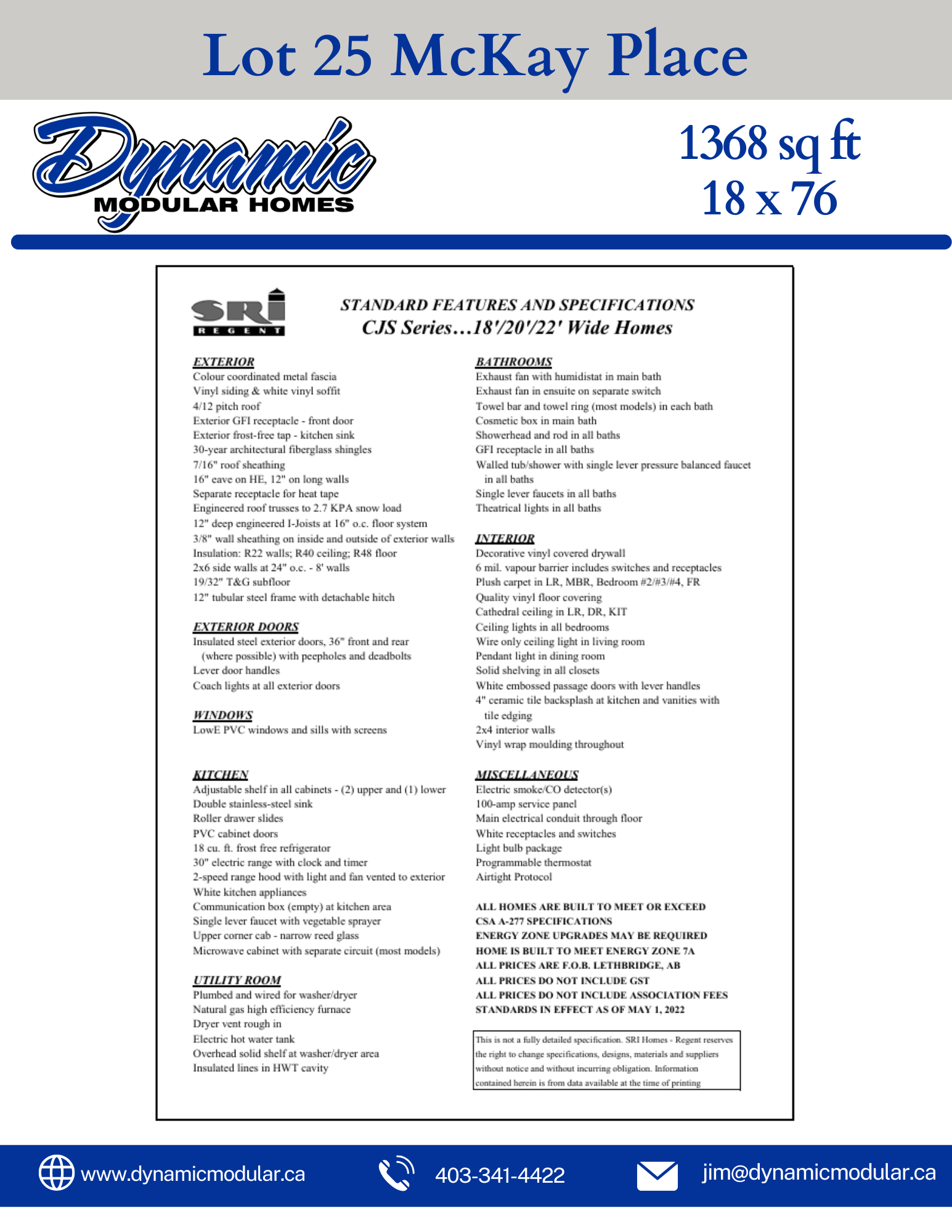 A detailed real estate flyer for Lot 25 McKay Place by Dynamic Modular Homes, including specifications for exterior, interior, and other features of a custom home, along with contact information and website at the bottom.