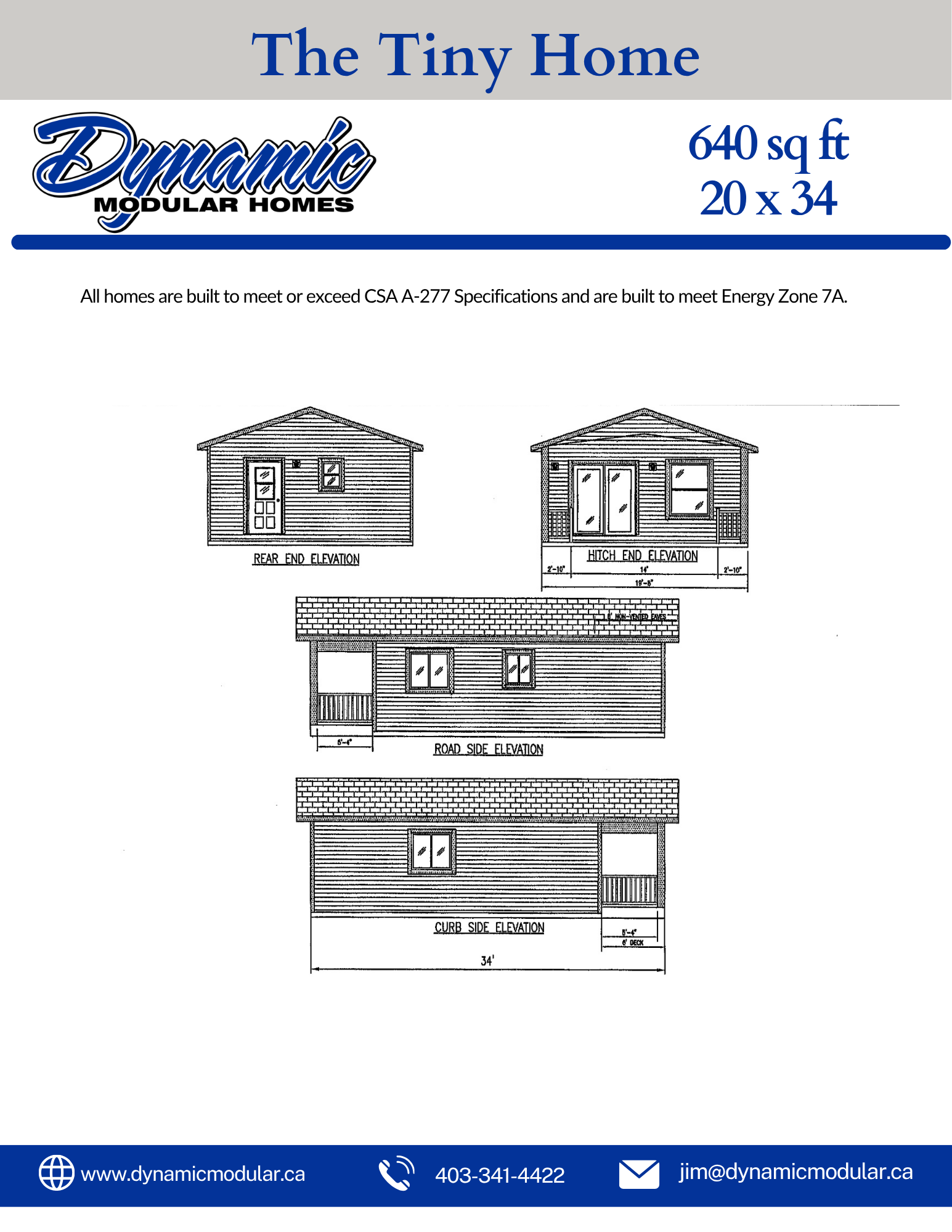 Design plan for a small modular home named The Tiny Home by Dynamic Modular Homes, featuring multiple elevation views including rear, high end, road side, and curb side, with dimensions and website contact information.