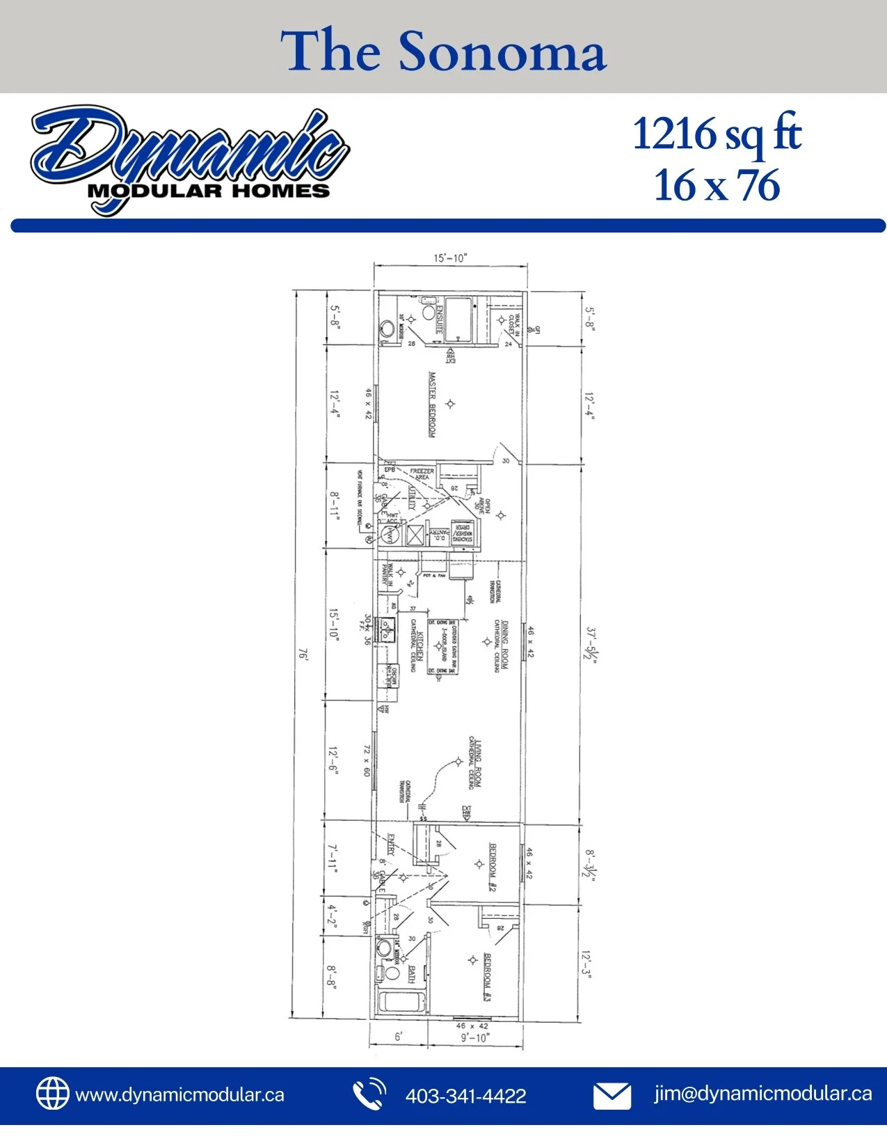Architectural floor plan for The Sonoma, a modular home model by Dynamic Modular, with details of room layouts and dimensions, and contact information at the bottom.