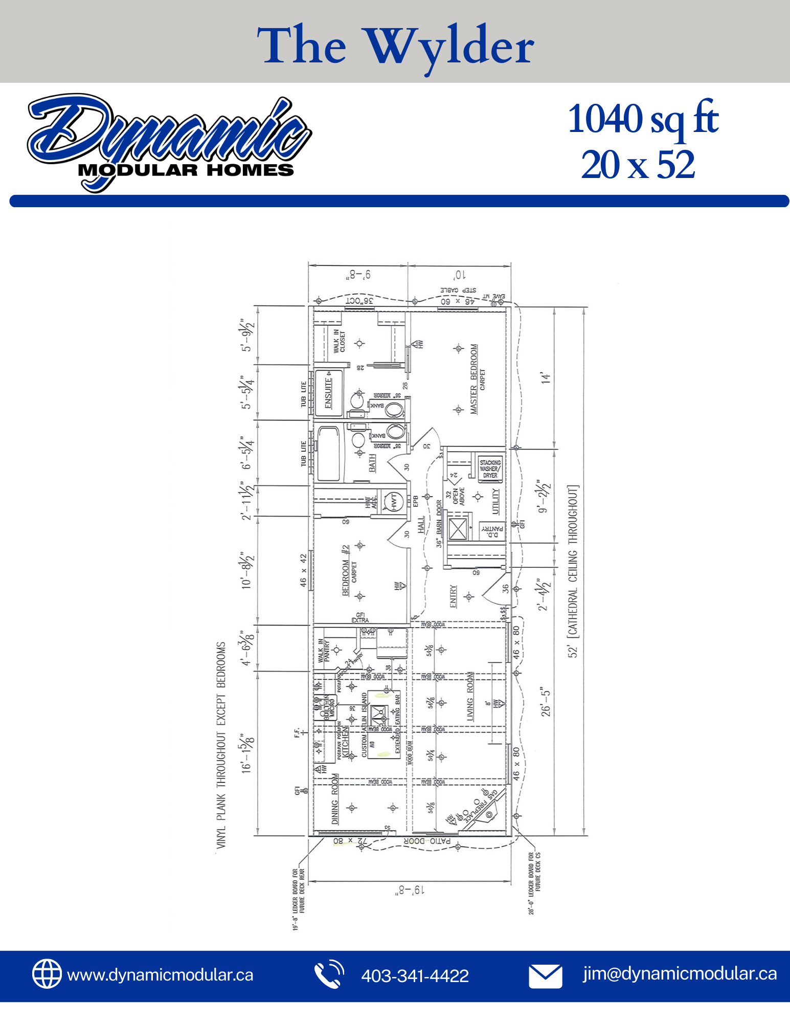 Floor plan of The Wylder, a 1040 square foot modular home, including details of room layouts and dimensions, with contact information at the bottom.