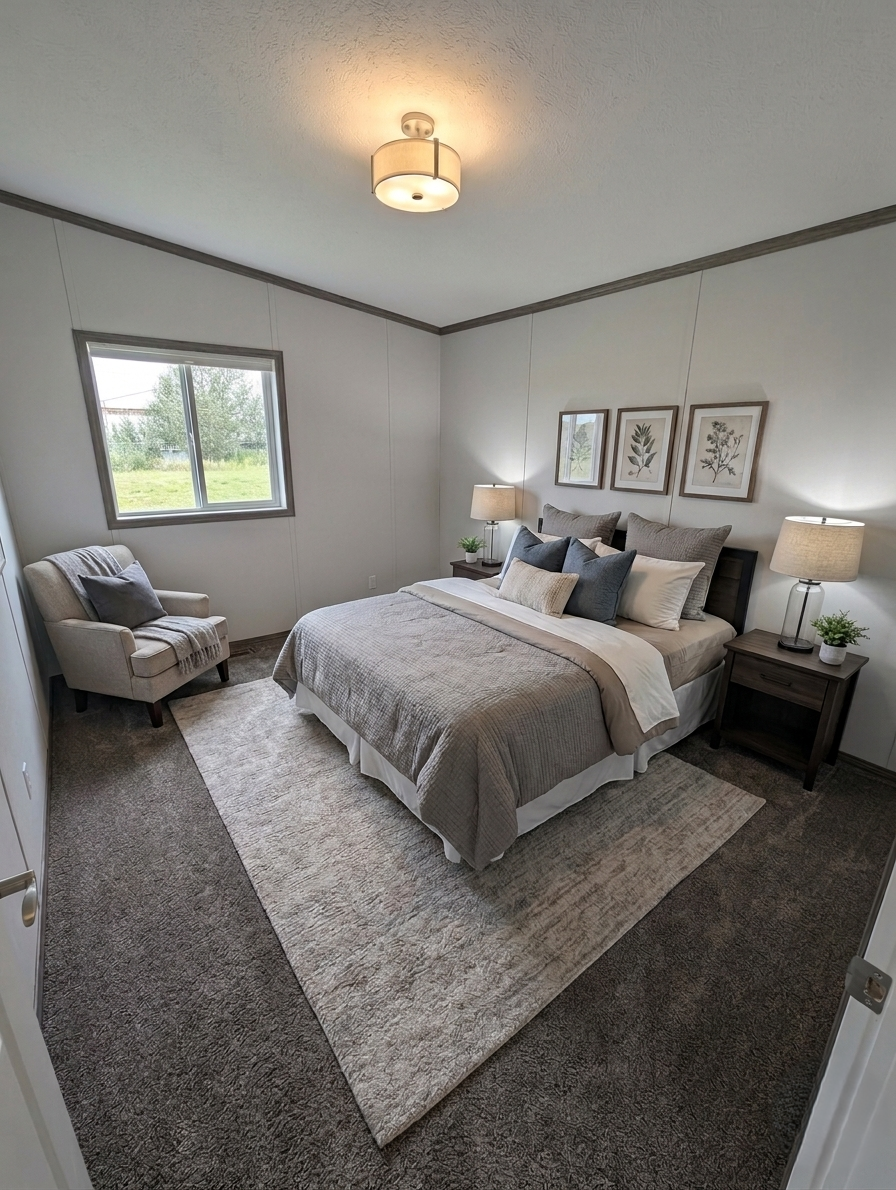 A bedroom with a neatly made bed, gray and white bedding, and four pillows, two gray and two white. There are two beige nightstands with lamps and small plants. A framed botanical art set hangs above the bed. A beige armchair with a gray pillow and a blanket is near the window, which shows an outdoor grassy scene. The room has beige and gray walls, a textured ceiling, a ceiling light, and a patterned rug under the bed.