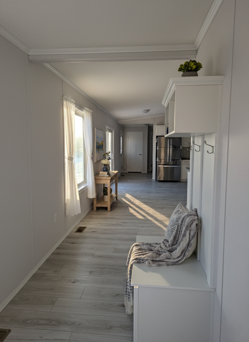 Bright living room with light gray walls, white curtains on windows, a small wooden table with flowers, artwork on wall, and a white bench with a blanket. Kitchen area with stainless steel appliances in the background.