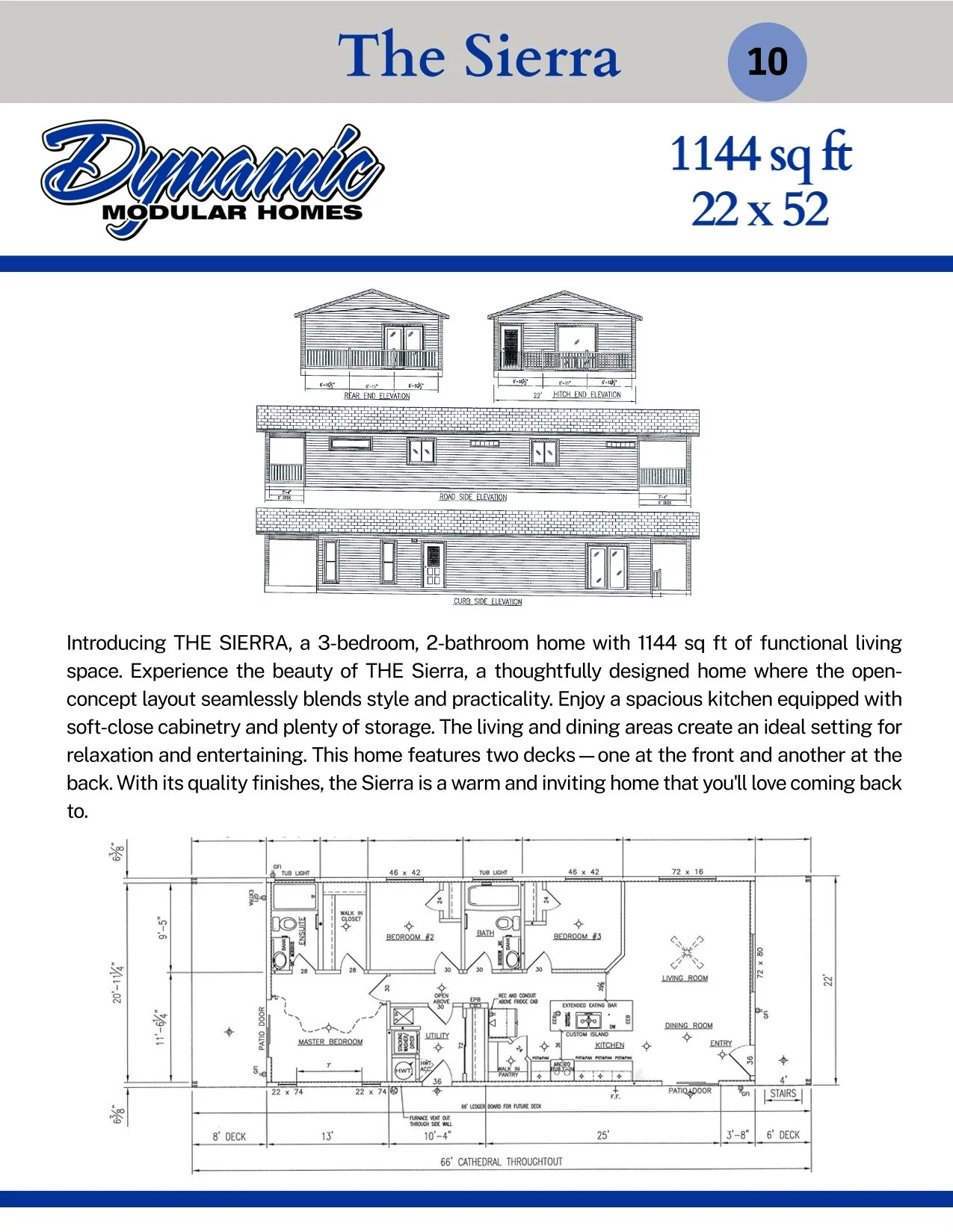 Floor plans and elevation drawings for The Sierra, a 3-bedroom, 2-bathroom modular home by Dynamic Modular Homes, with specifications including 1144 sq ft of living space.
