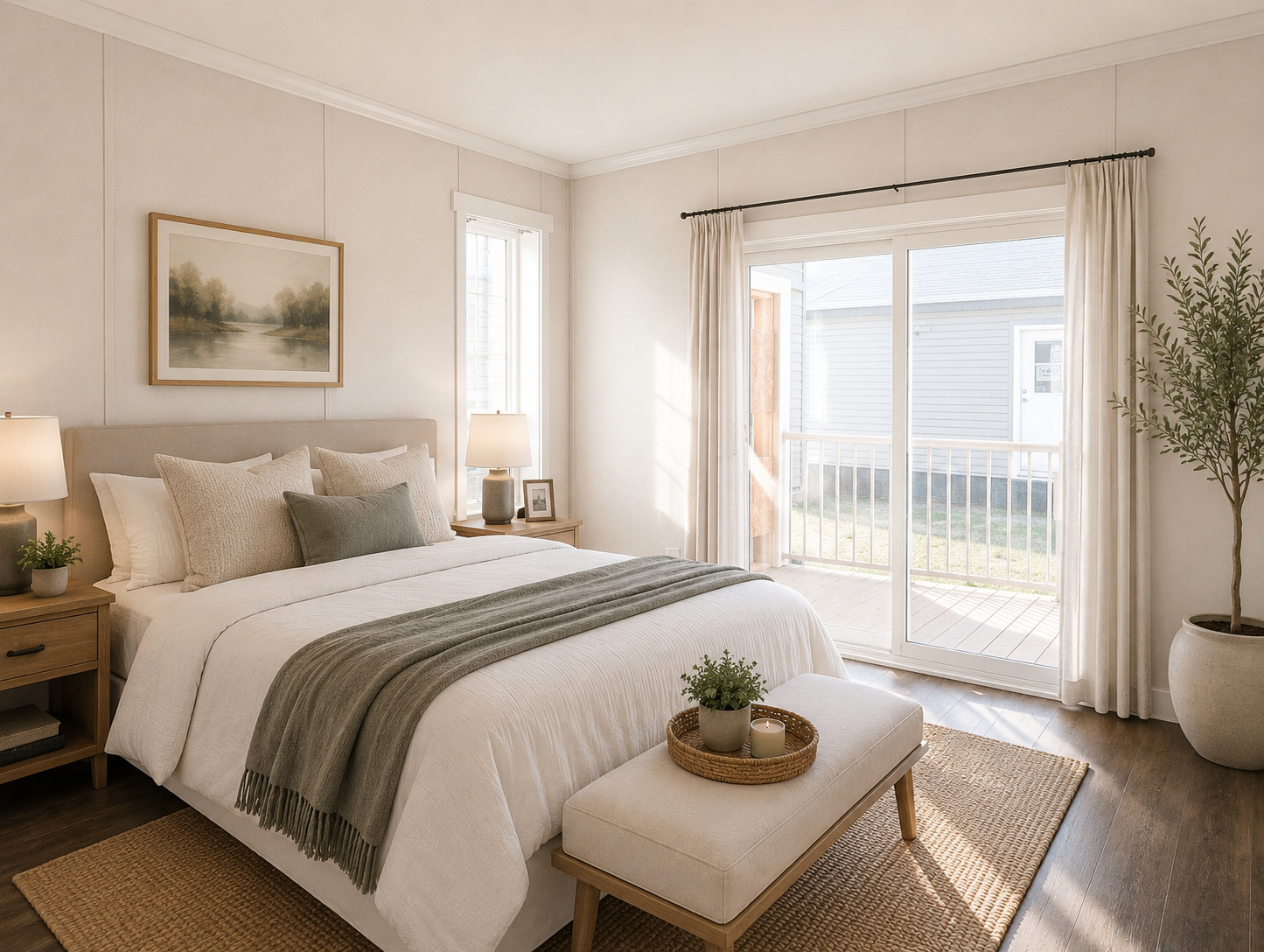 Bright bedroom with a large bed, neutral-toned bedding, and pillows. Two nightstands with lamps, framed photo, and decor. Sliding glass door leading to a small balcony, with curtains. Potted plant near the door, and a window with blinds. Wicker basket with plants and candle on a bench at the foot of the bed. Wooden floors and a framed landscape painting above the bed.