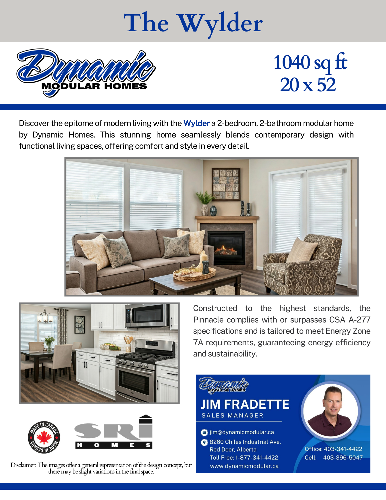 Advertisement for Dynamic Modular Homes, featuring the Wylder model, a 2-bedroom, 2-bathroom modular home, with images of a living room and kitchen, and contact information for sales manager Jim Fradette.
