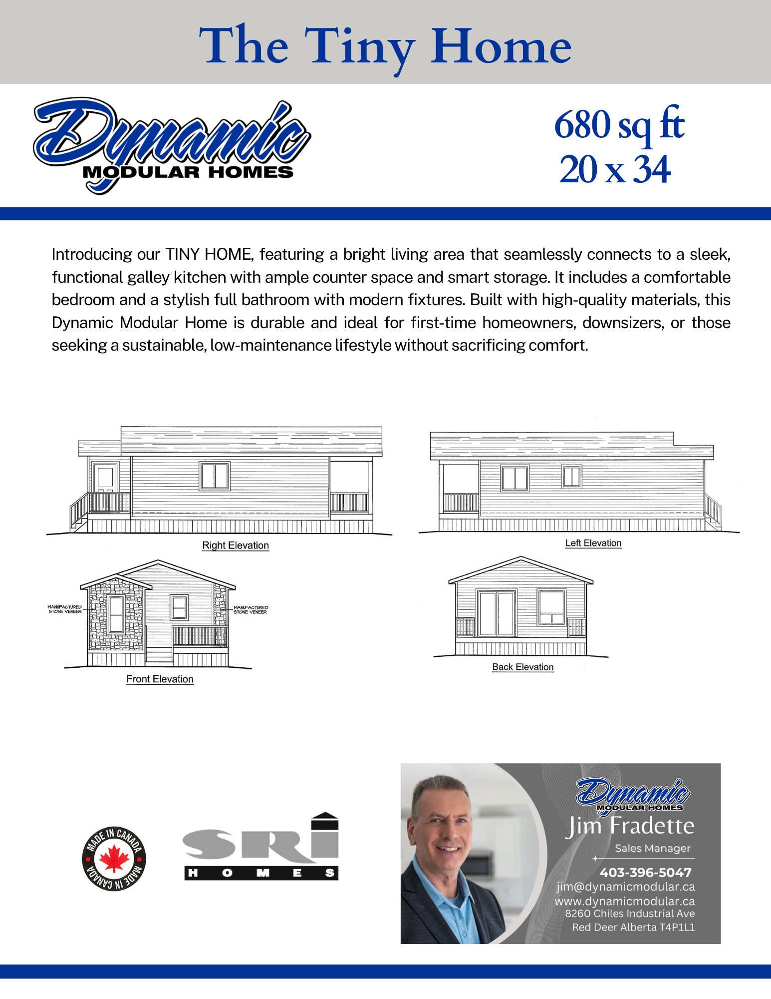 A brochure for Dynamic Modular Homes featuring house designs with front, right, left, and back elevations. A man in business attire is smiling in the bottom right corner, with contact information and company details.