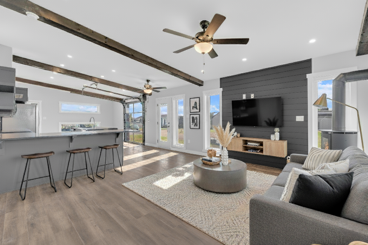 Dark accent living room wall with wood stove