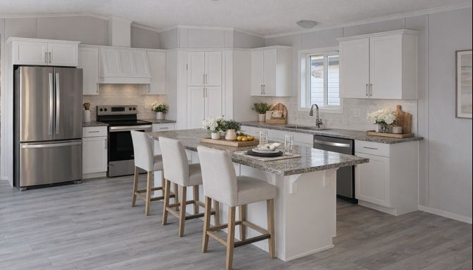 Modern white kitchen with stainless steel refrigerator, stove, and dishwasher, granite island with seating, light wood flooring, and white cabinetry.