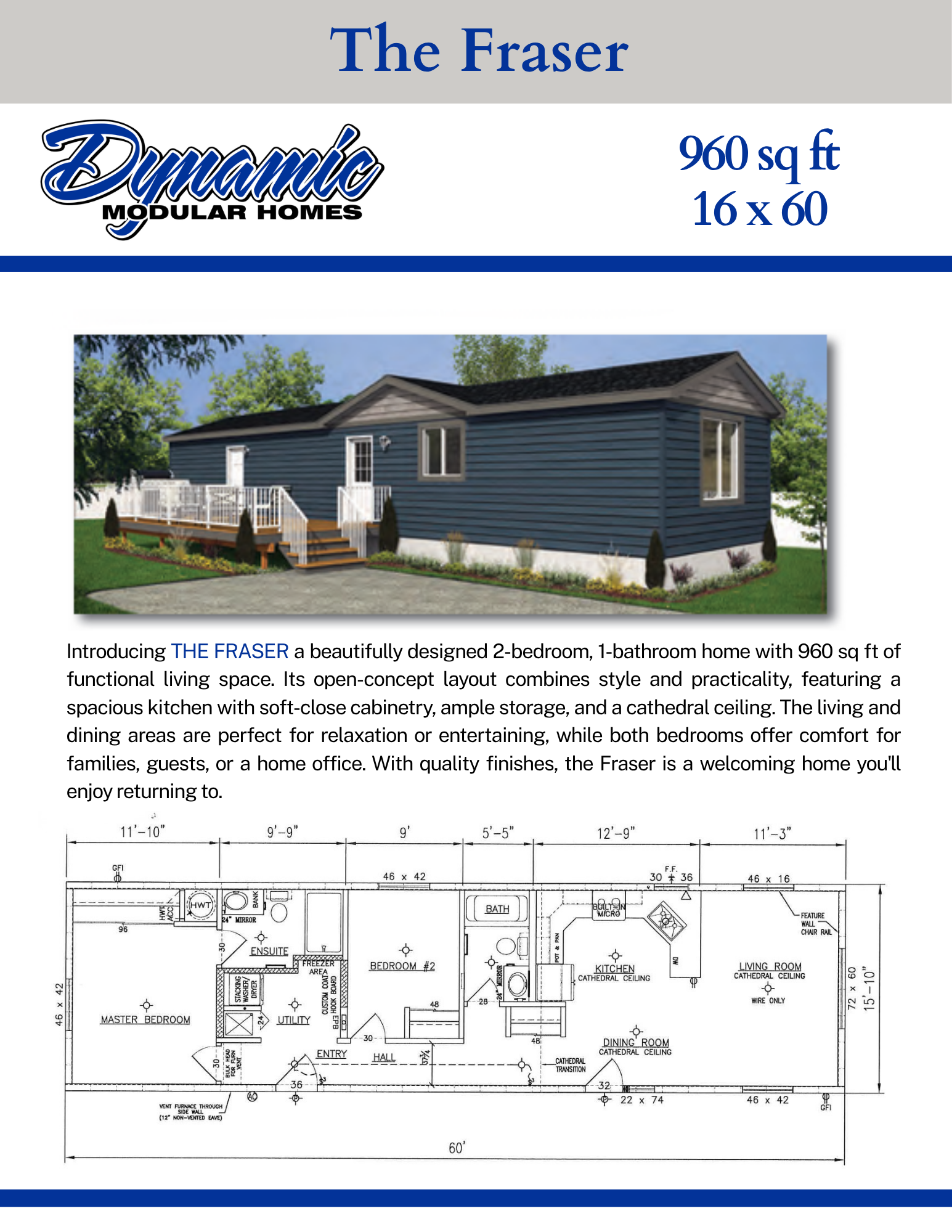 Floor plan of a modular home named The Fraser, with dimensions 960 sq ft, 16 by 60 feet, showing the layout of rooms including bedrooms, bathrooms, kitchen, living room, and utility areas, with detailed measurements and annotations.