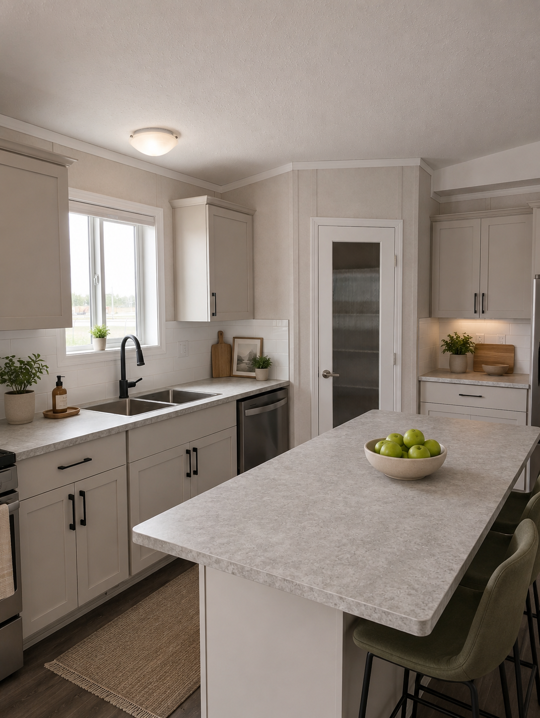 Modern kitchen with white cabinets, gray countertops, stainless steel appliances, a bowl of green apples on the island, and potted plants.