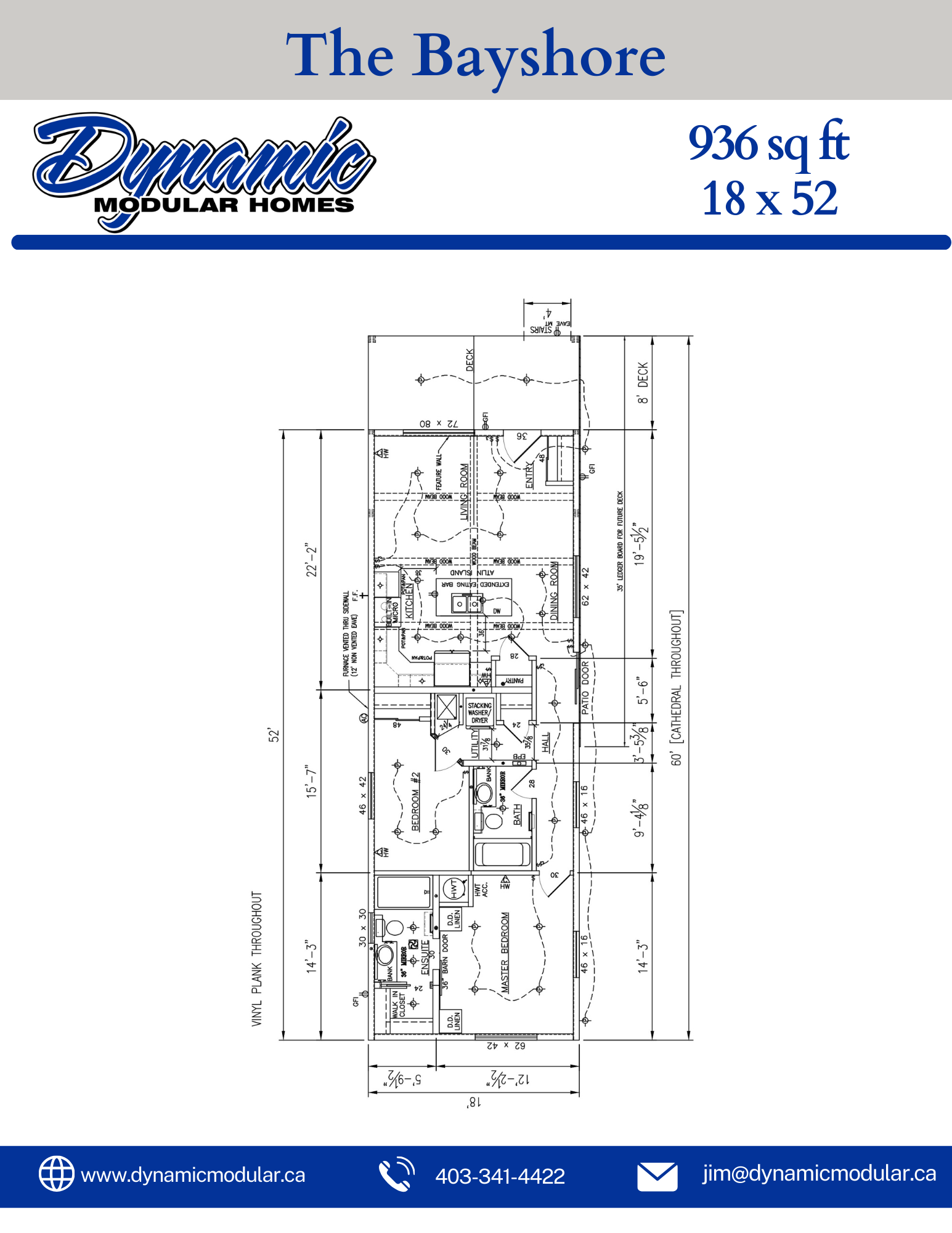 Floor plan blueprint for a modular home called The Bayshore by Dynamic Modular Homes, with dimensions, layout details, and contact information at the bottom.