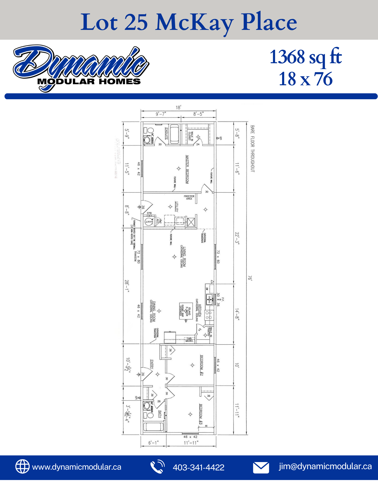 Advertisement for Dynamic Modular Homes featuring a floor plan layout of a modular home, with contact details at the bottom including website, phone number, and email.