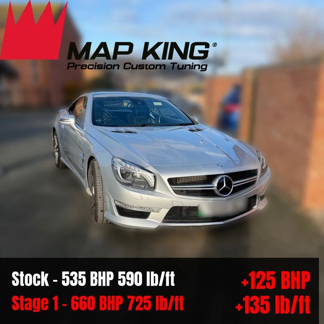 Mercedes SL63 5.5L V8
&bull;
Stage 1 Performance Remap✅
&bull;
Health Check ✅ 
&bull;
🔴Stock - 535 BHP 590 lb/ft
⚫️Stage 1 - 660 BHP 725 lb/ft
 +125 BHP +135 lb/ft
&bull;
With this Mercedes we enhanced this cars 5.5L twin turbo engine to perform bet