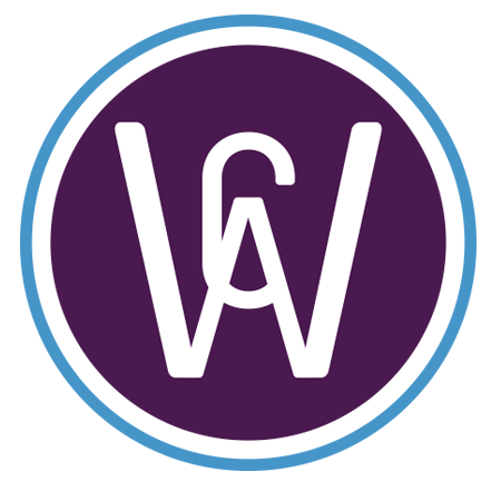 Logo with a purple background, white stylized letters 'V' and 'W', encircled by a blue and white border.