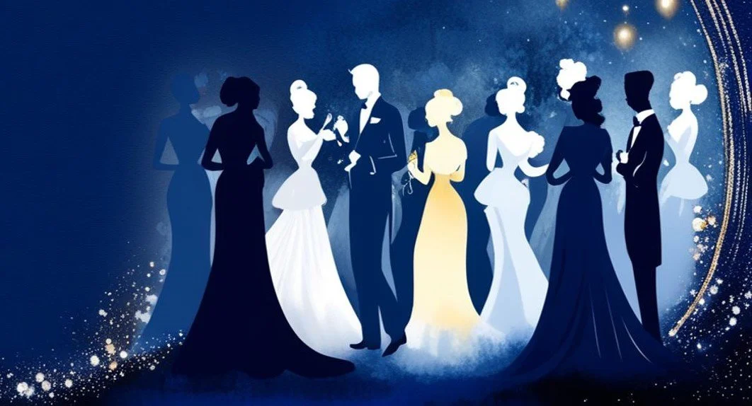 Silhouettes of men and women in formal evening wear at a glamorous event, with a starry and sparkling background.