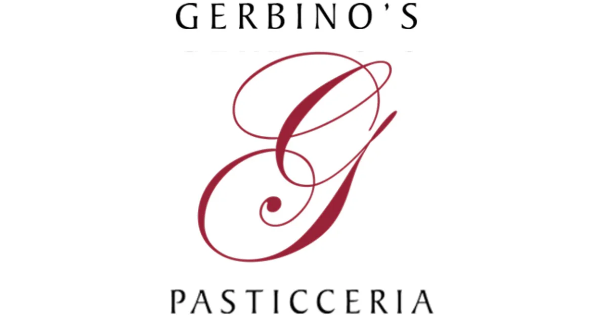Logo for Gerbino's Pasticceria, featuring elegant script and serif fonts with a stylized red monogram in the center.