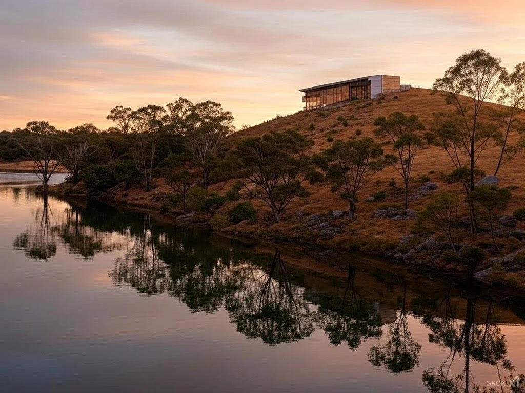 A modern house on a hill overlooking a calm lake, with trees and rocks around the shoreline at sunset.