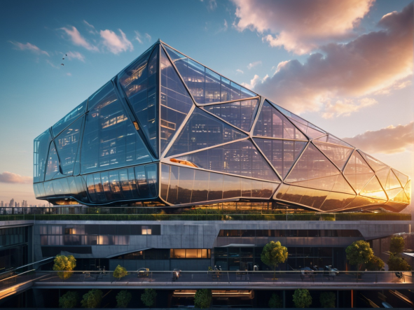 Faceted glass data centre building at dusk