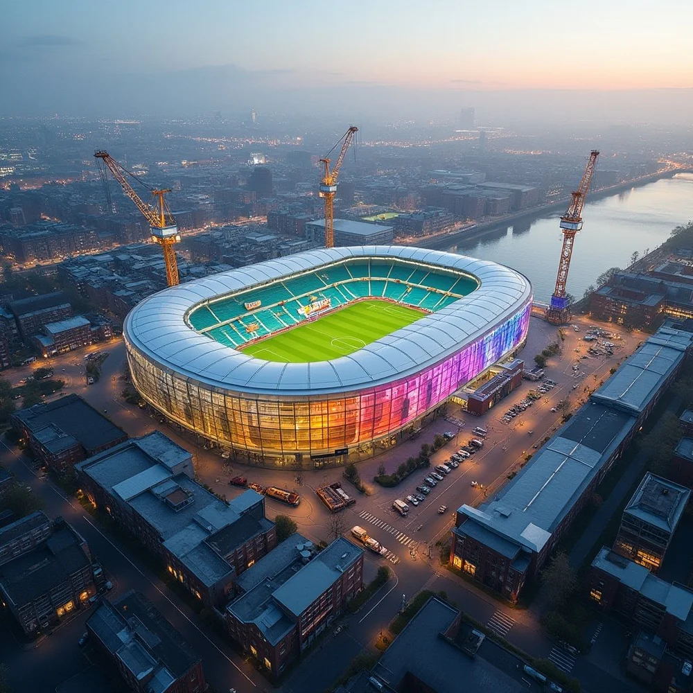 Mixed-use stadium lit at night beside the river