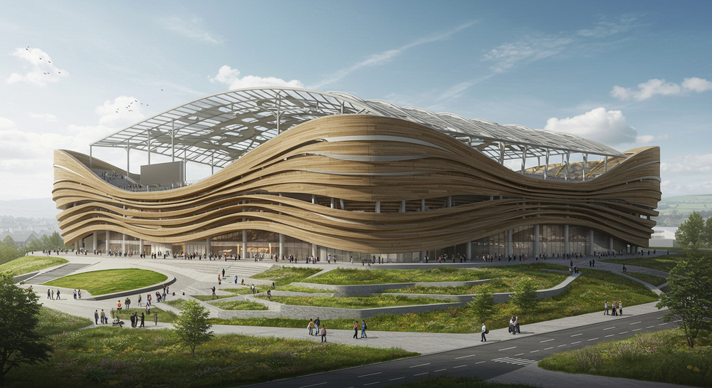 Organic timber-clad stadium concept in open landscape