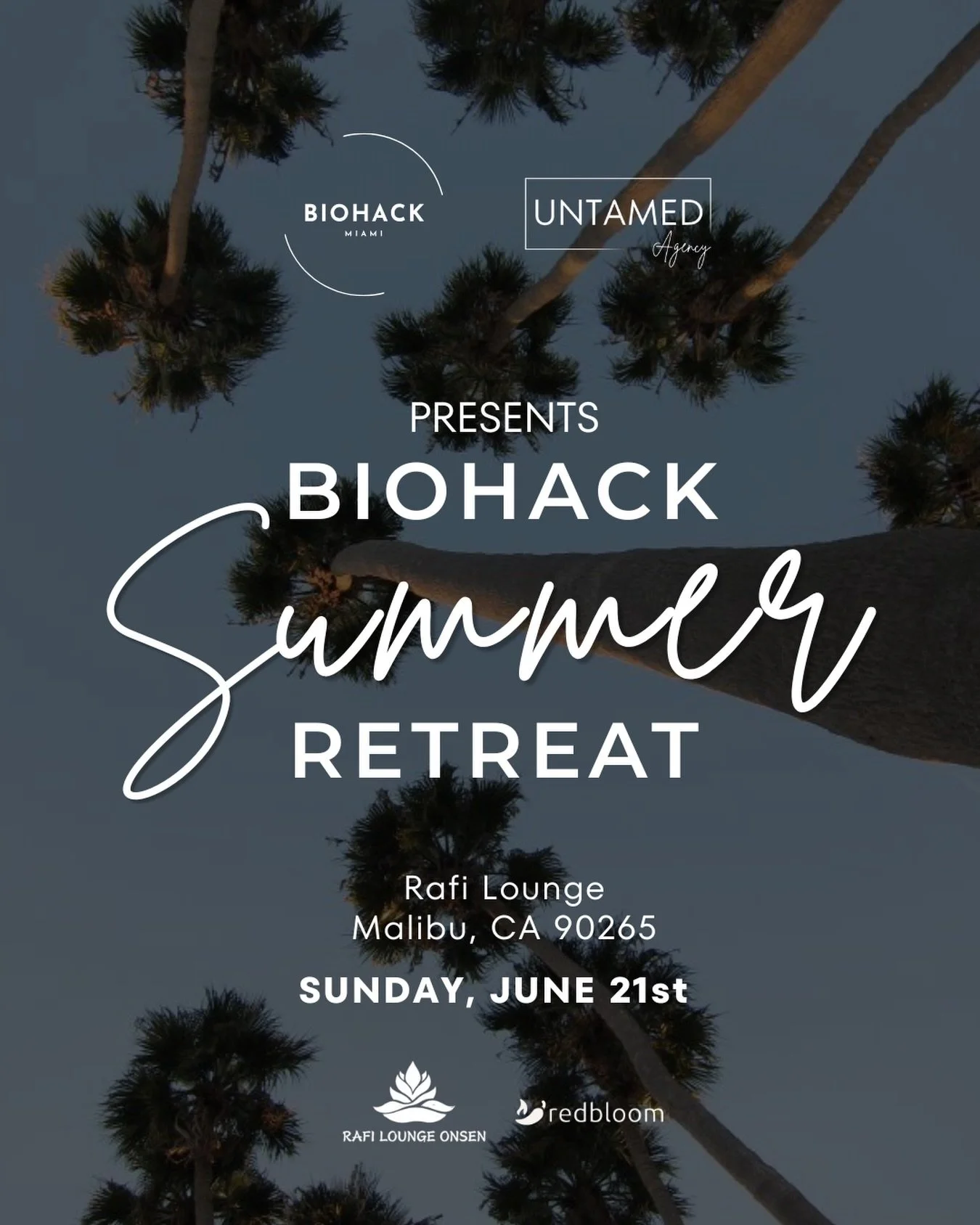 🌊☀️ Malibu Summer Retreat: World Cup Edition ☀️🌊

Join Biohack Miami &times; Untamed Agency for an elevated day of wellness, recovery, biohacking, and connection at Rafi Lounge Malibu on June 21st. 

⚽ World Cup Viewing 🧊 Cold Plunge + Infrared Sa