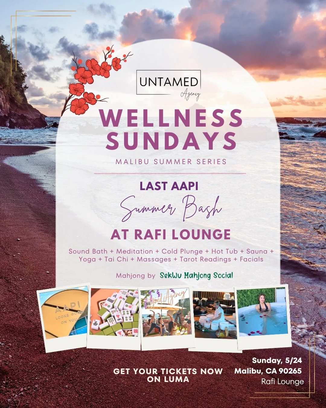 ☀️✨MALIBU WELLNESS FOR ONLY $50? 🌊🤍

Join us for UNTAMED&rsquo;S LAST AAPI SUMMER BASH AT RAFI LOUNGE &mdash; the kickoff to our new Untamed Wellness Sundays Summer Series in Malibu ✨

Kick off summer with us and enjoy experiences including:

🌿 Yo