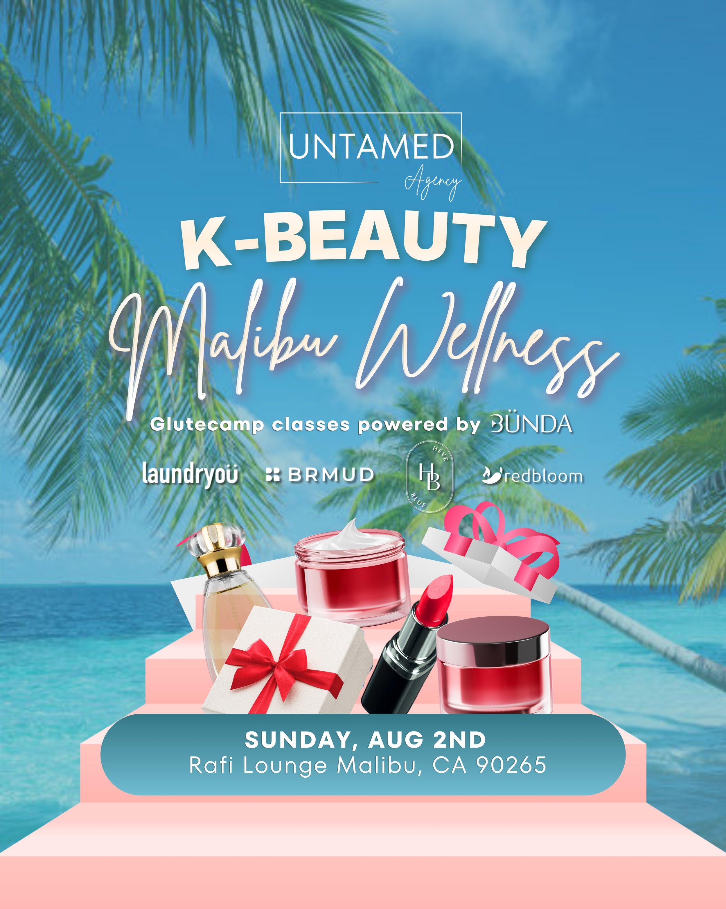Untamed Malibu K-Beauty Wellness Lounge - August 2 🐚🌸

✨ Starting at just $59.

Escape to Malibu for an unforgettable day of K-beauty, luxury wellness, recovery, and community at Rafi Lounge Malibu.
Your Wellness Pass includes:

🎀 K-Beauty gifting