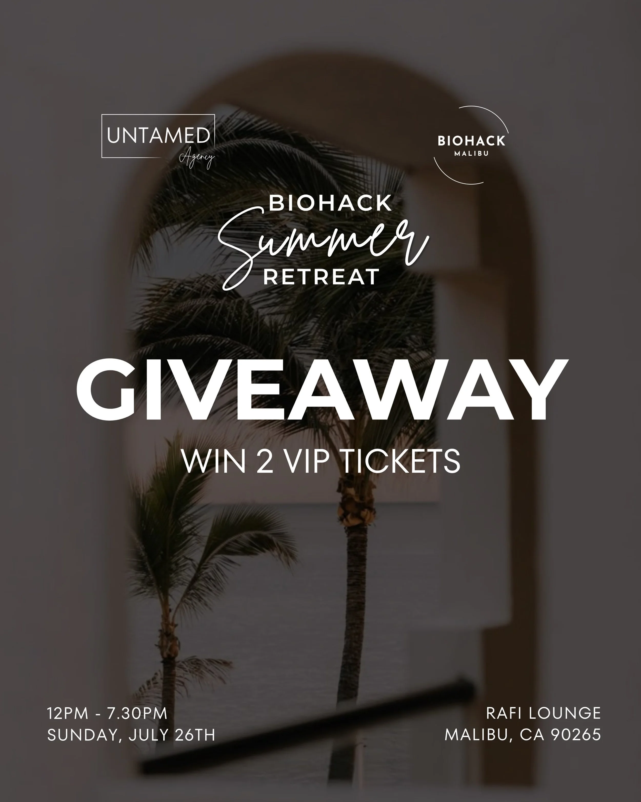 We&rsquo;re giving away 2 VIP Tickets to the Biohack Summer Reset at Rafi Lounge Malibu on Sunday, July 26th 🌊☀️

✨ VIP EXPERIENCE
VIP ticket holders receive:
✨ One complimentary welcome drink (margarita)
✨ Exclusive VIP Lounge Access
✨ Complimentar