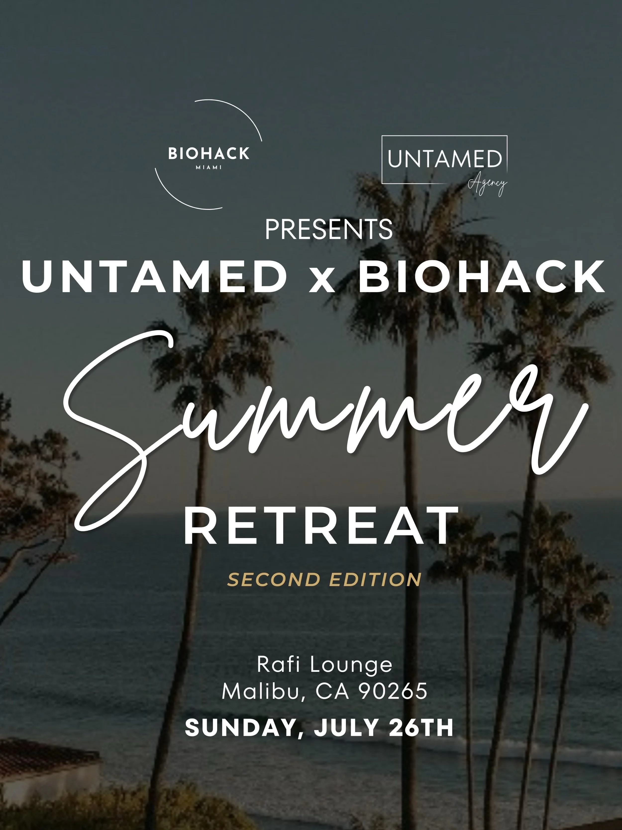 ☀️🌊 MALIBU&rsquo;S FAVORITE BIOHACKING SUNDAY IS BACK.
After an incredible first edition, Biohack Miami &times; Untamed Agency returns to Rafi Lounge Malibu for an even bigger day of recovery, longevity, wellness, and connection by the coast.

🎟️ E