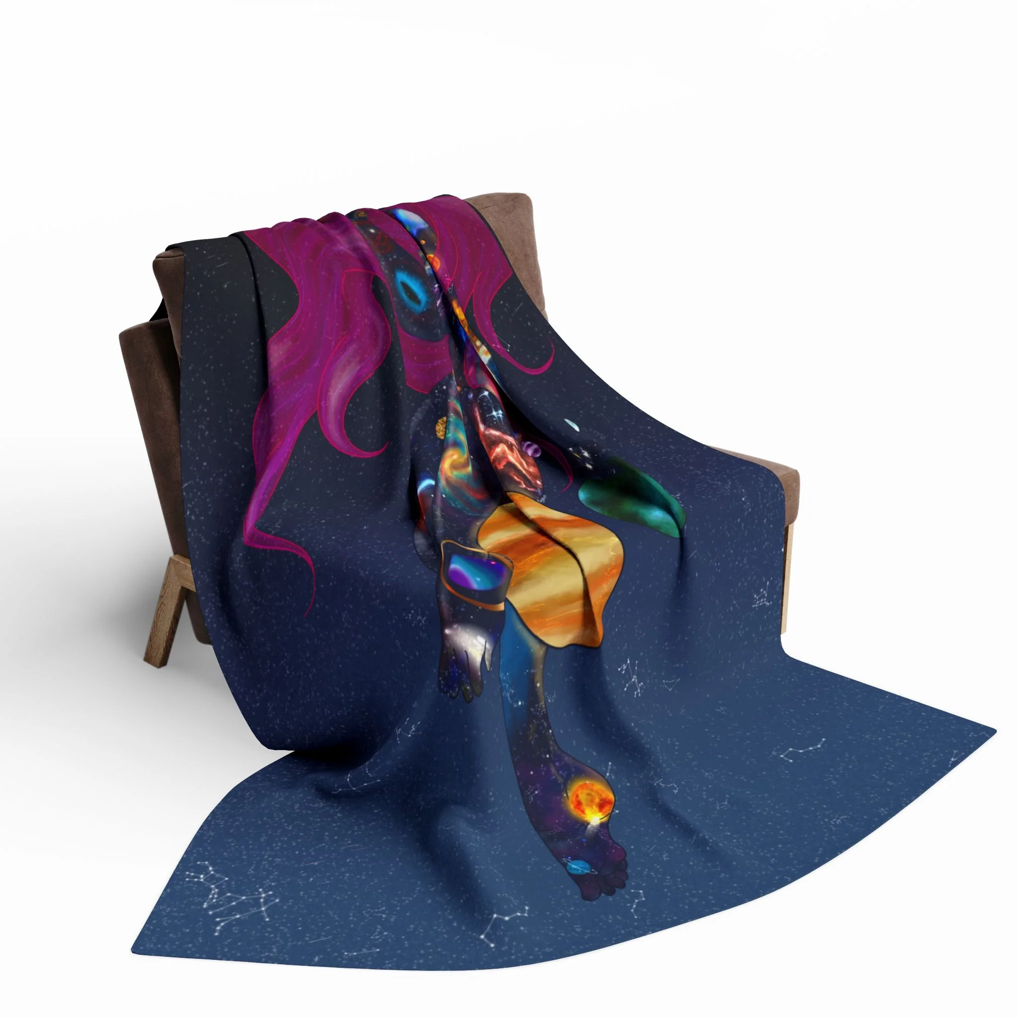 Original celestial illustration featuring cosmic female figure on a fleece blanket,  unique Dutch art by American artist in Haarlem Netherlands. Blanket is draped over a chair showing front and back