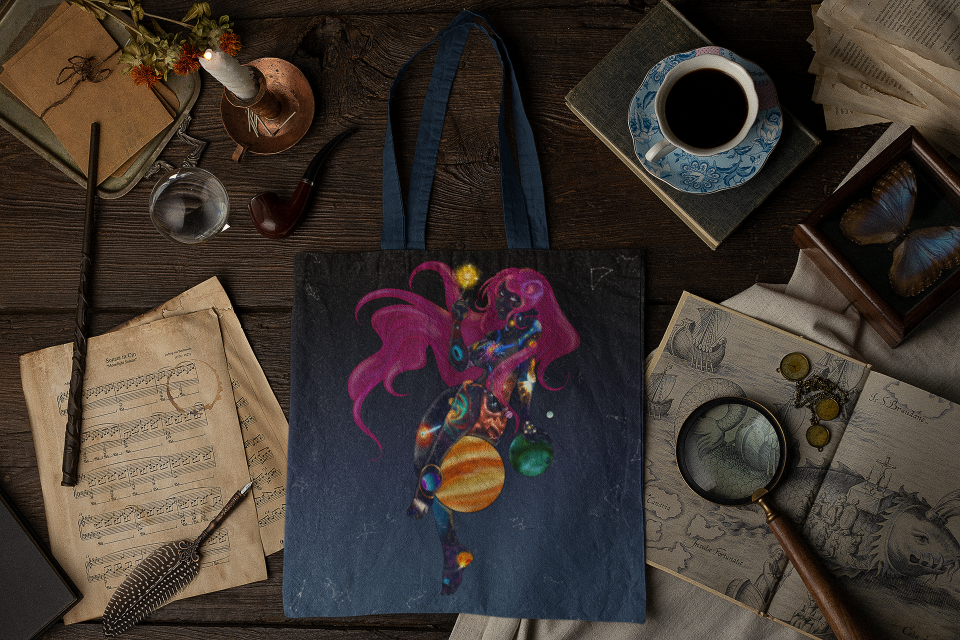 Original celestial illustration featuring cosmic female figure, on a tote bag,  unique Dutch art by American artist in Haarlem Netherlands.