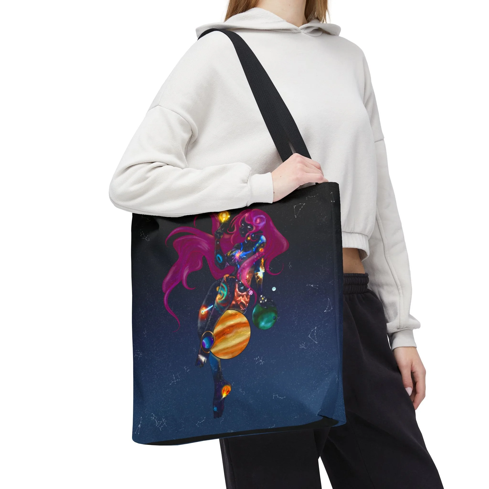 Original celestial illustration featuring cosmic female figure, on a tote bag,  unique Dutch art by American artist in Haarlem Netherlands. Size  18x18