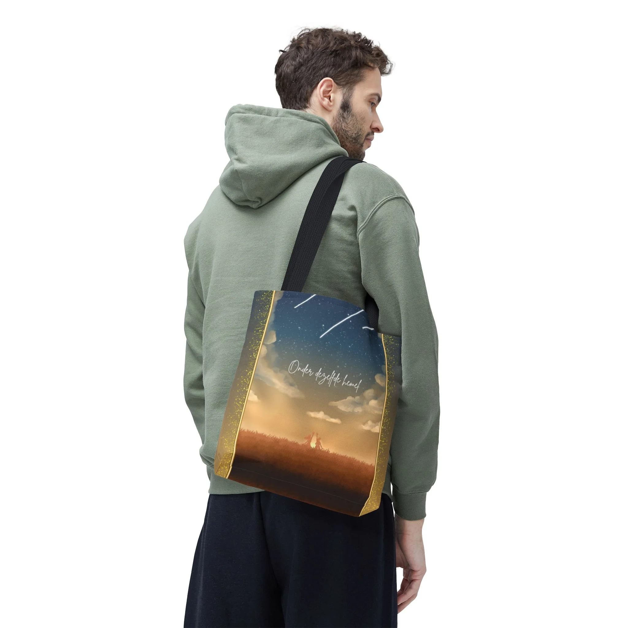 Celestial draagtas met vallende sterren en silhouetten, uniek cadeau voor expats die in Nederland wonen. Draagtas maat 13x13