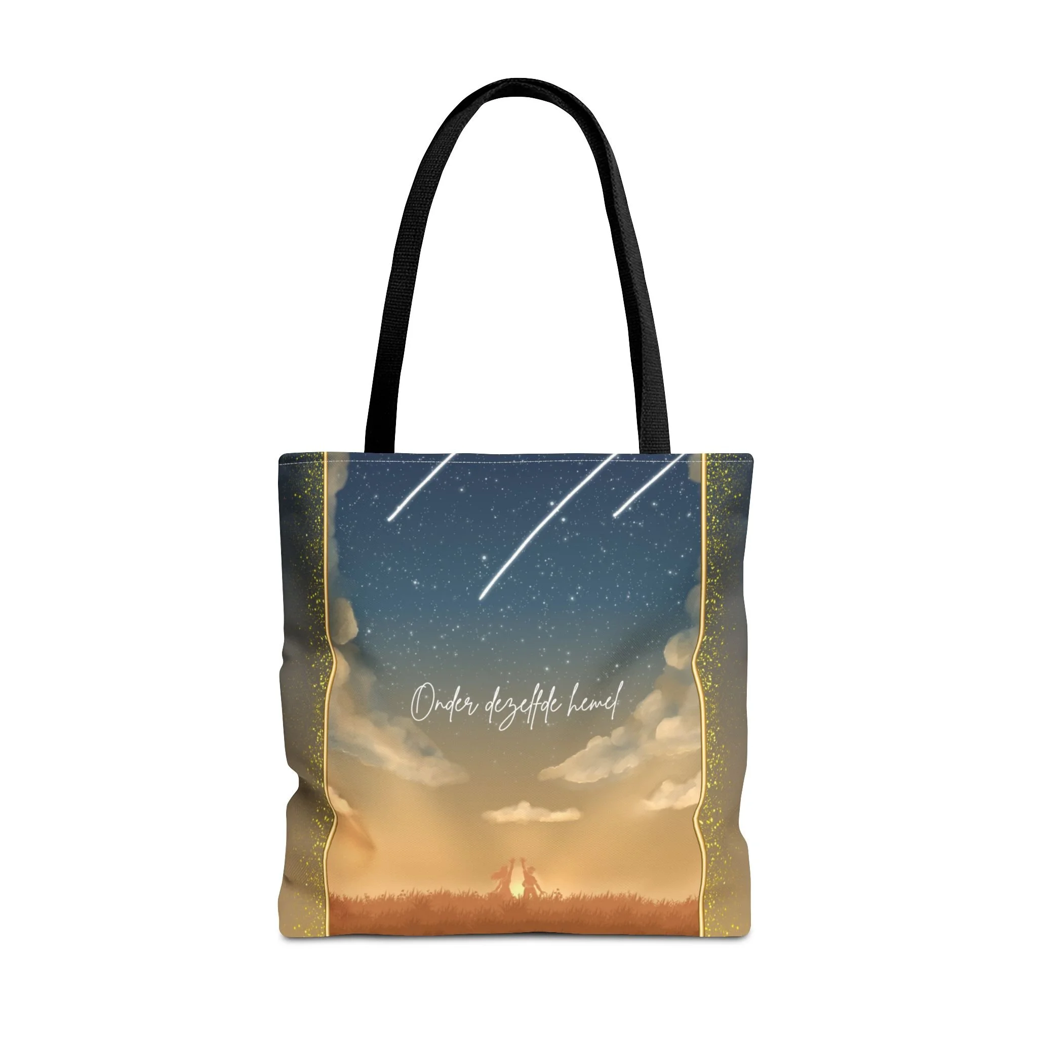 Celestial draagtas met vallende sterren en silhouetten, uniek cadeau voor expats die in Nederland wonen. Zwarte handvat tote bag