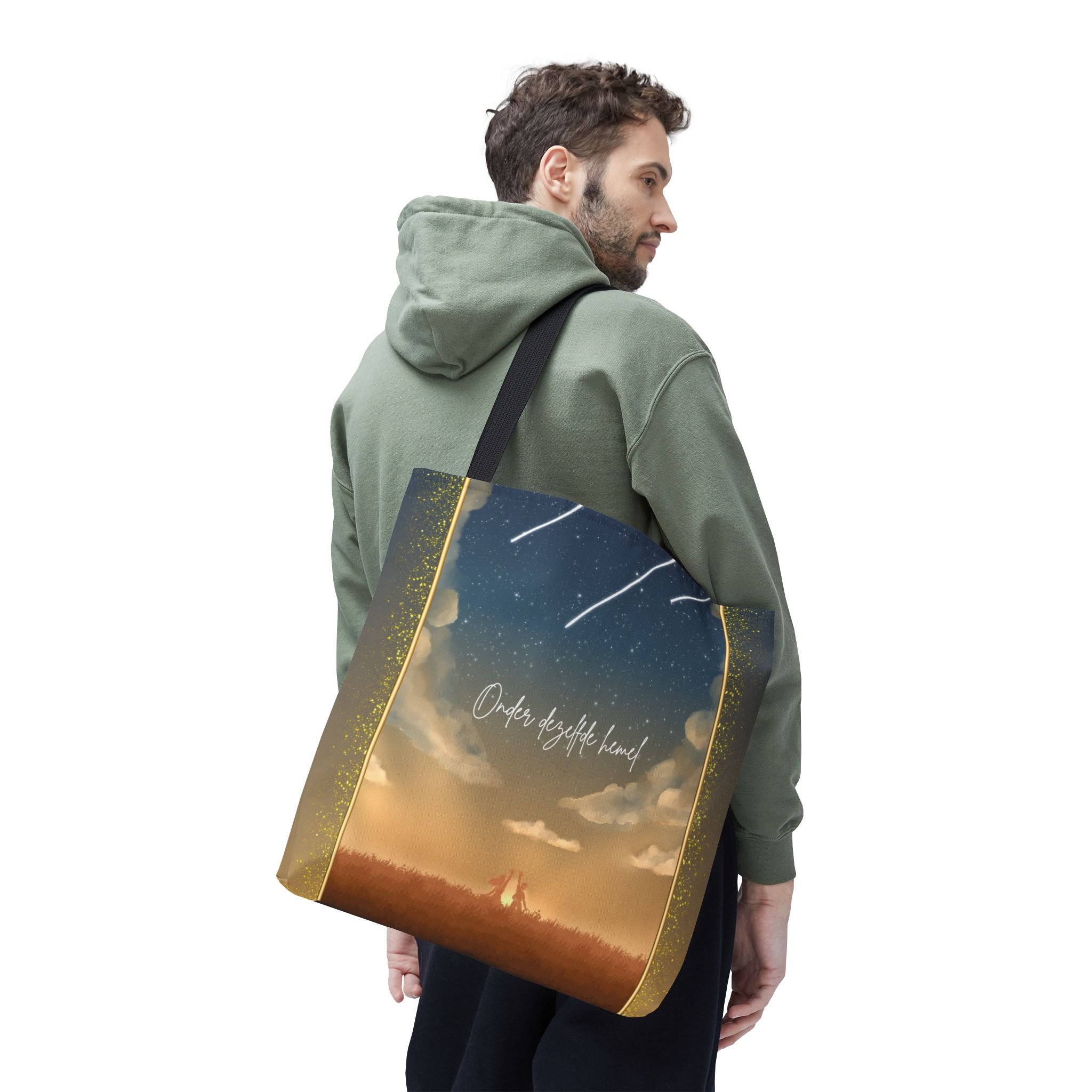 Celestial draagtas met vallende sterren en silhouetten, uniek cadeau voor expats die in Nederland wonen. Draagtas maat 18x18