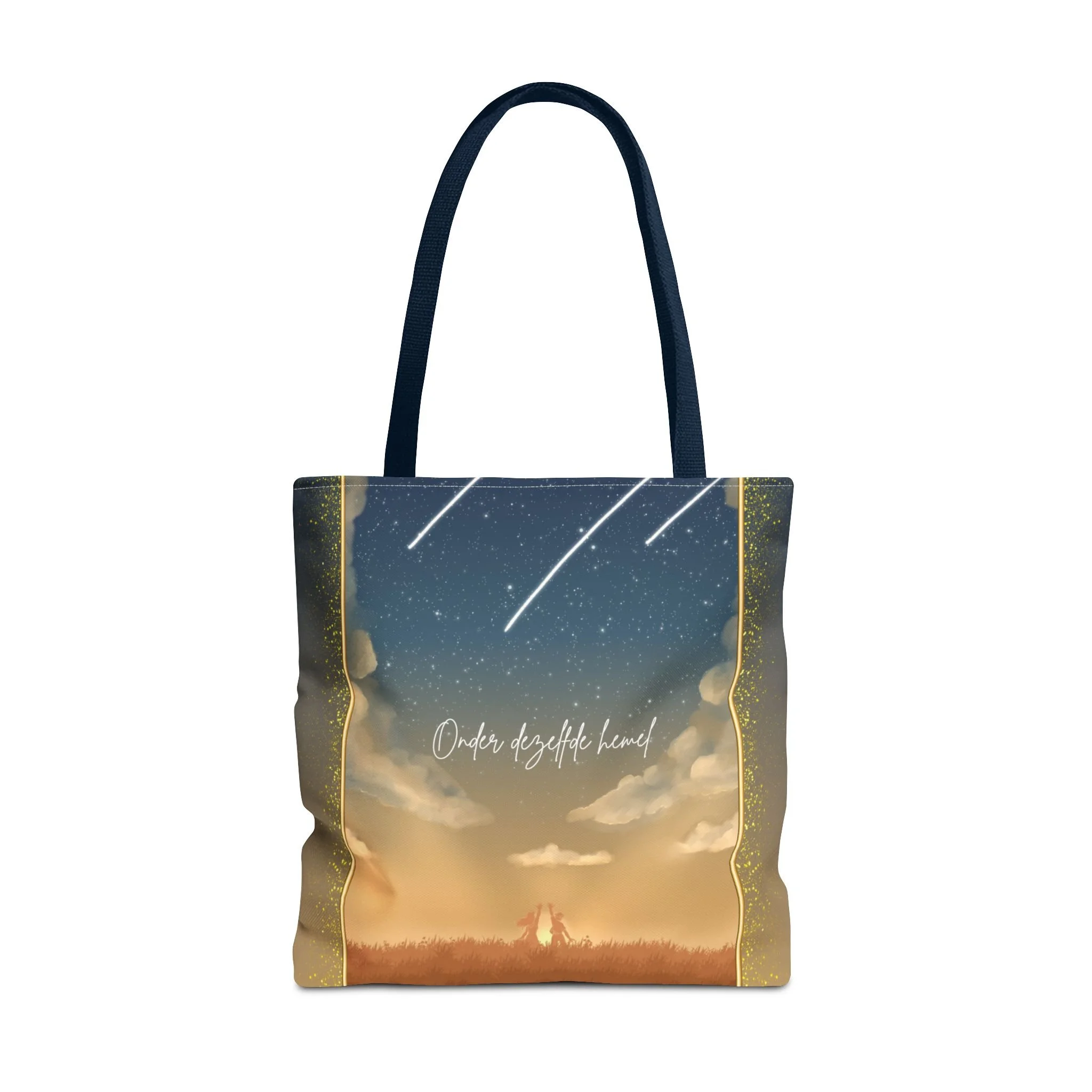 Celestial draagtas met vallende sterren en silhouetten, uniek cadeau voor expats die in Nederland wonen. Marineblauwe handvattas