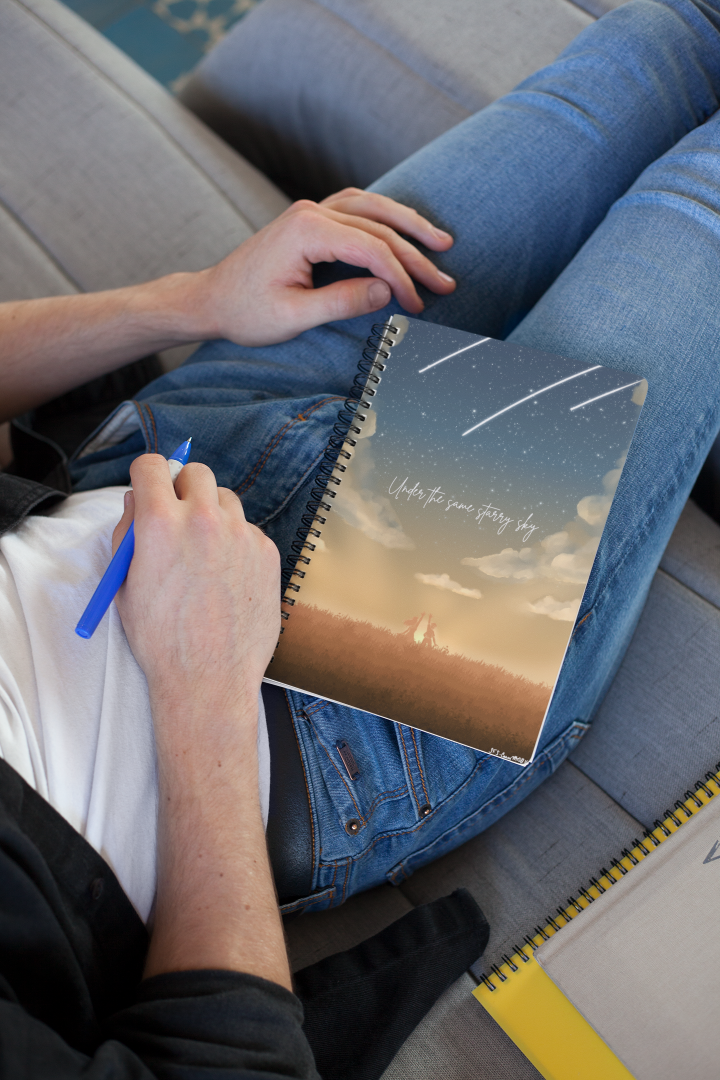 Spiral notebook with Under the Same Starry Sky illustration,  whimsical celestial art by Starlight Falls Studio Haarlem