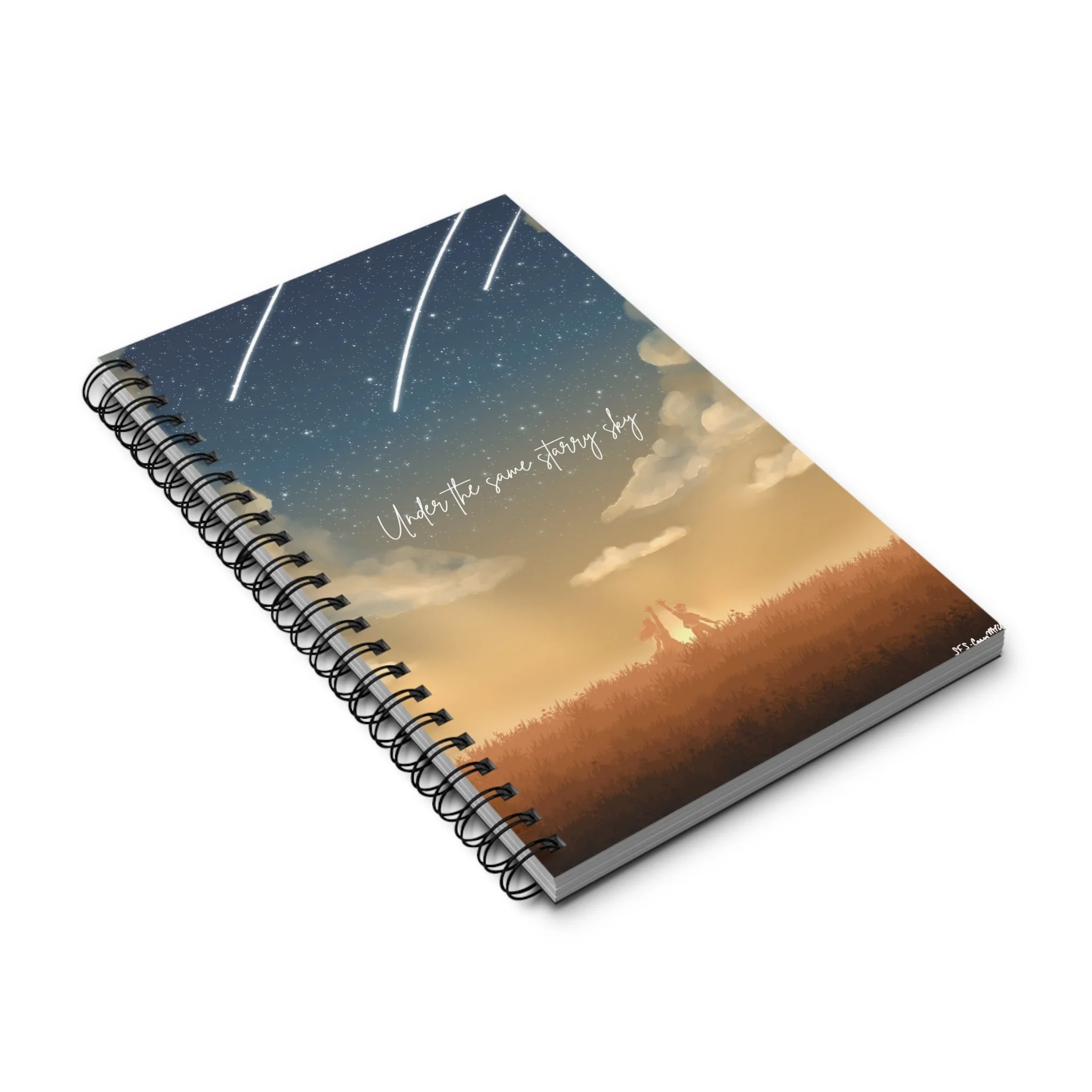 Spiral notebook with Under the Same Starry Sky illustration,  whimsical celestial art by Starlight Falls Studio Haarlem