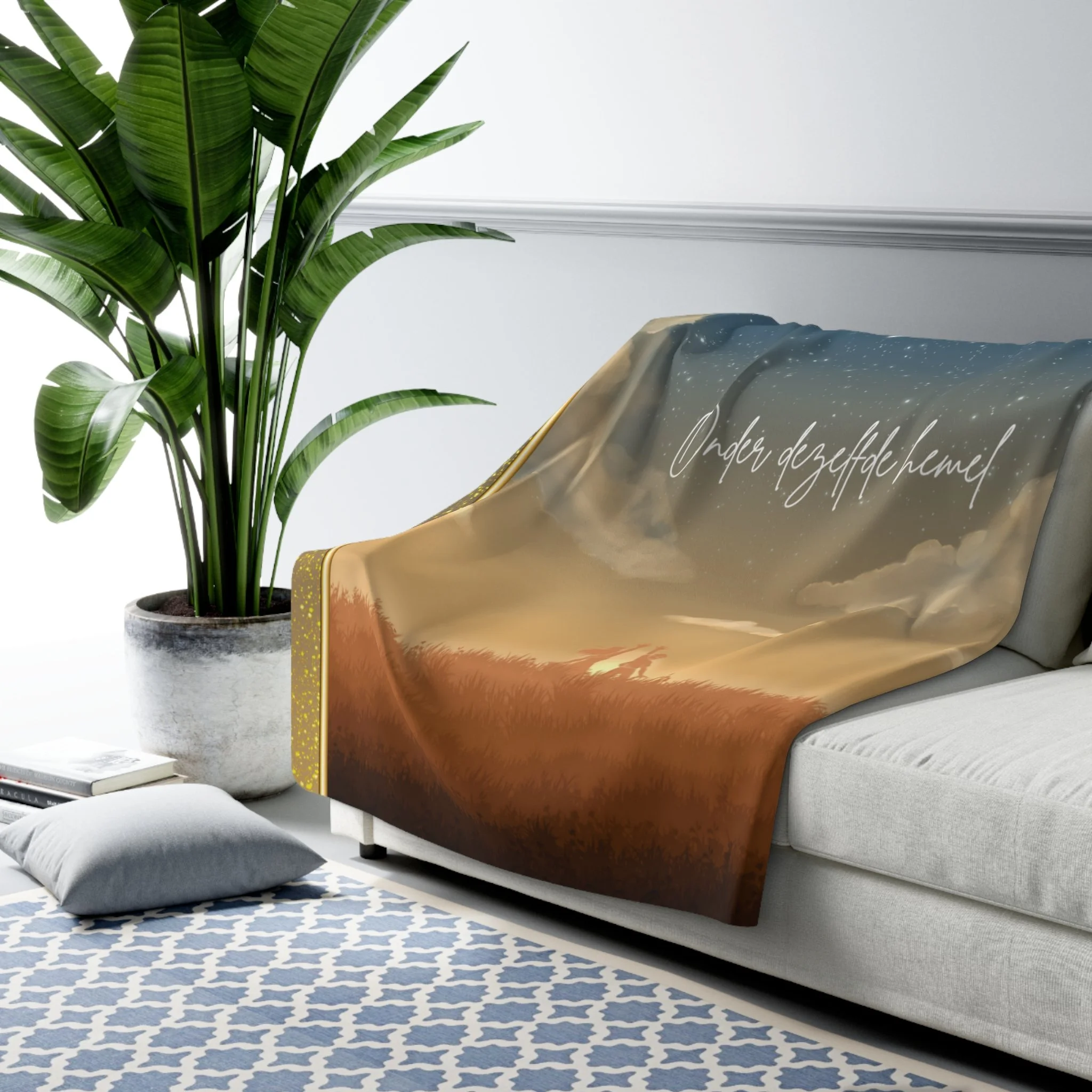 Gezellig fleece sherpa-deken met een sterrenhemelillustratie, met de tekst Onder dezelfde sterrenhemel, hemelse woondecoratie ontworpen in Haarlem, Nederland
