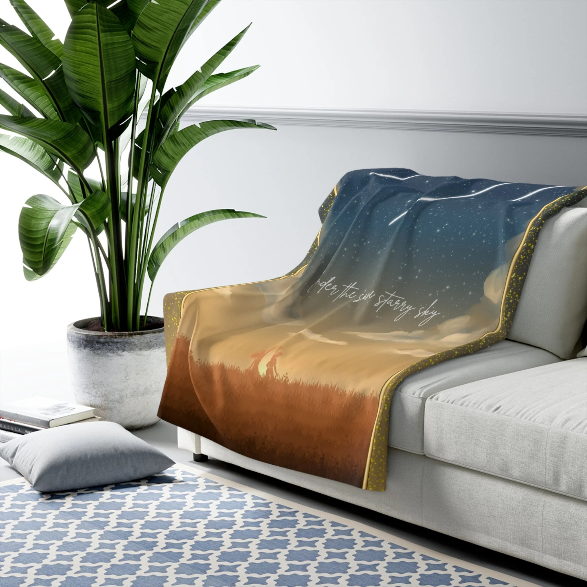 Cozy fleece sherpa blanket with starry night sky illustration, stating Under the same Starry Sky, celestial home decor designed in Haarlem Netherlands.