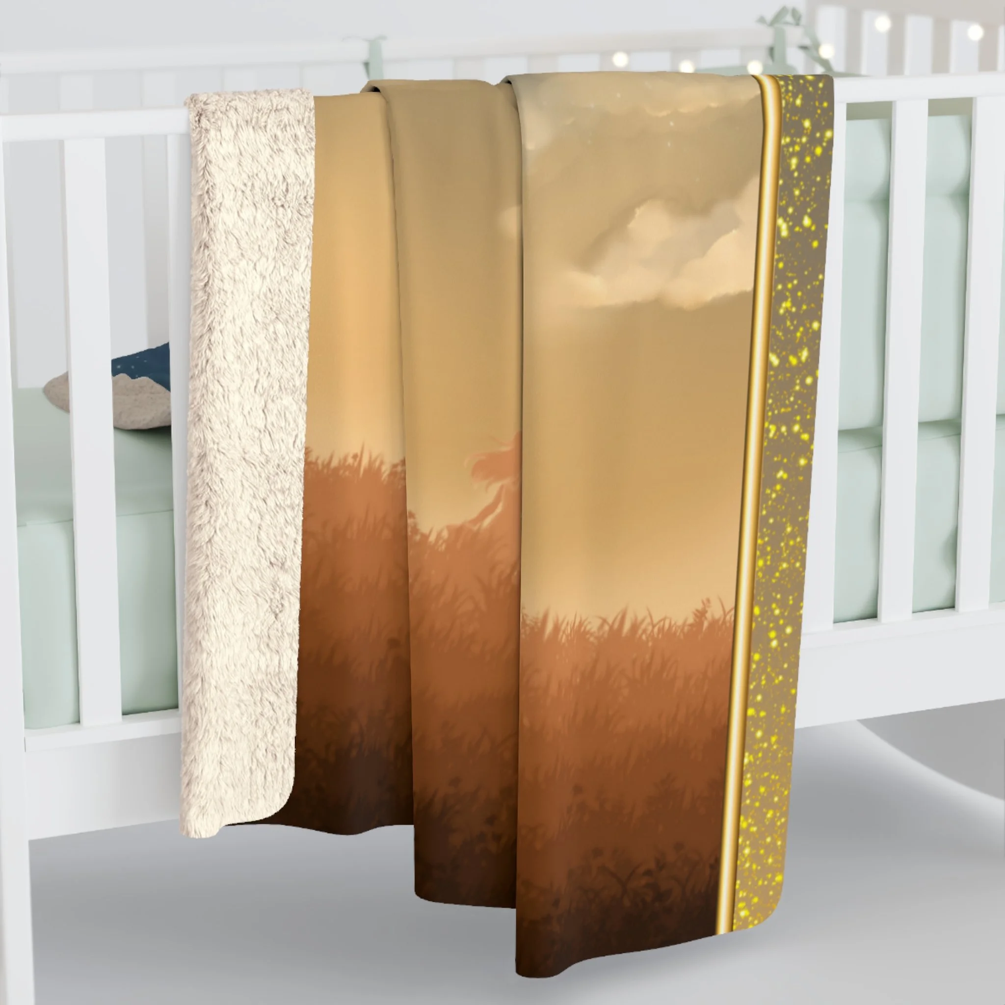 Cozy fleece sherpa blanket with starry night sky illustration, stating Under the same Starry Sky, celestial home decor designed in Haarlem Netherlands.