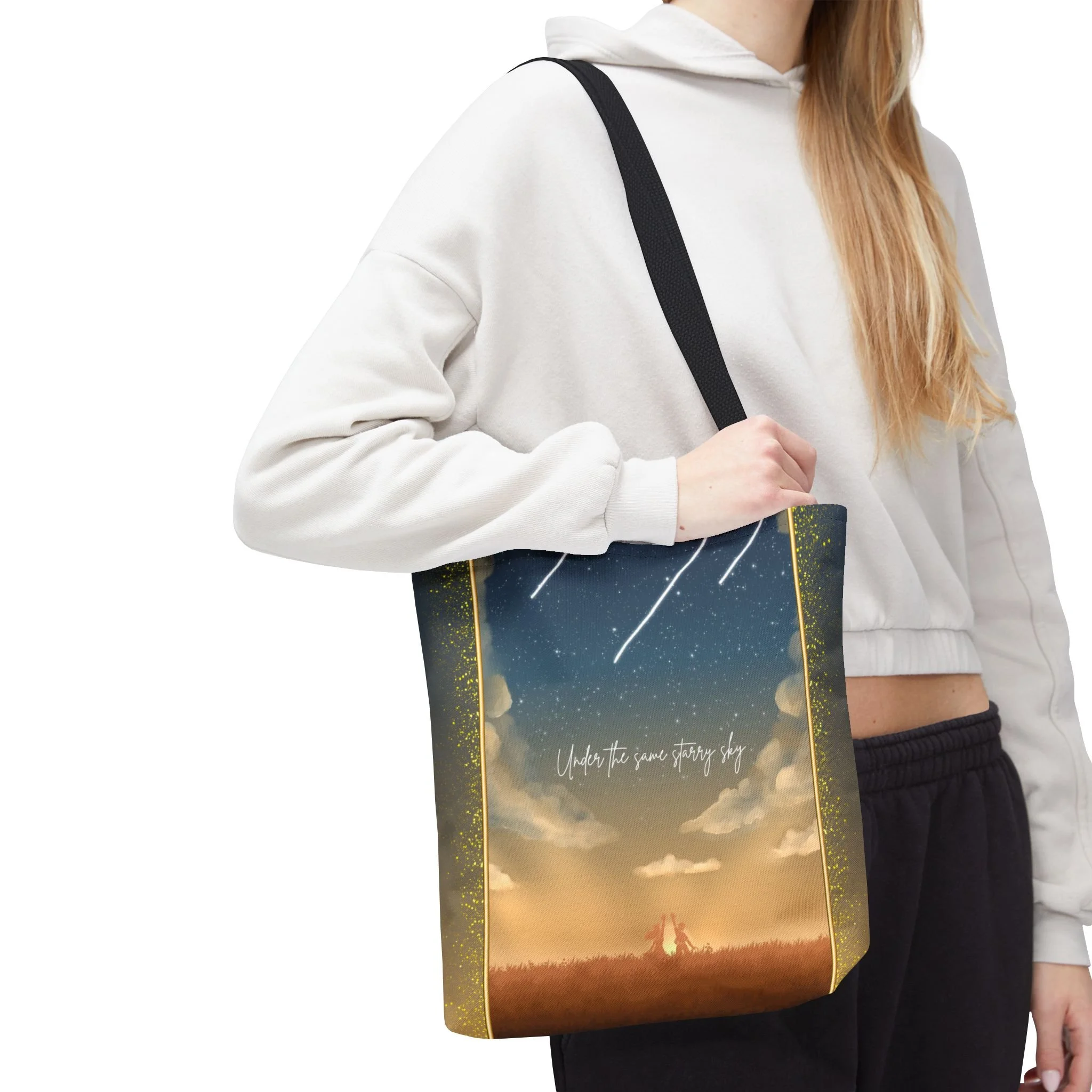 Celestial tote bag featuring shooting stars and silhouettes,  unique gift for expats living in the Netherlands. size 13x13 tote bag